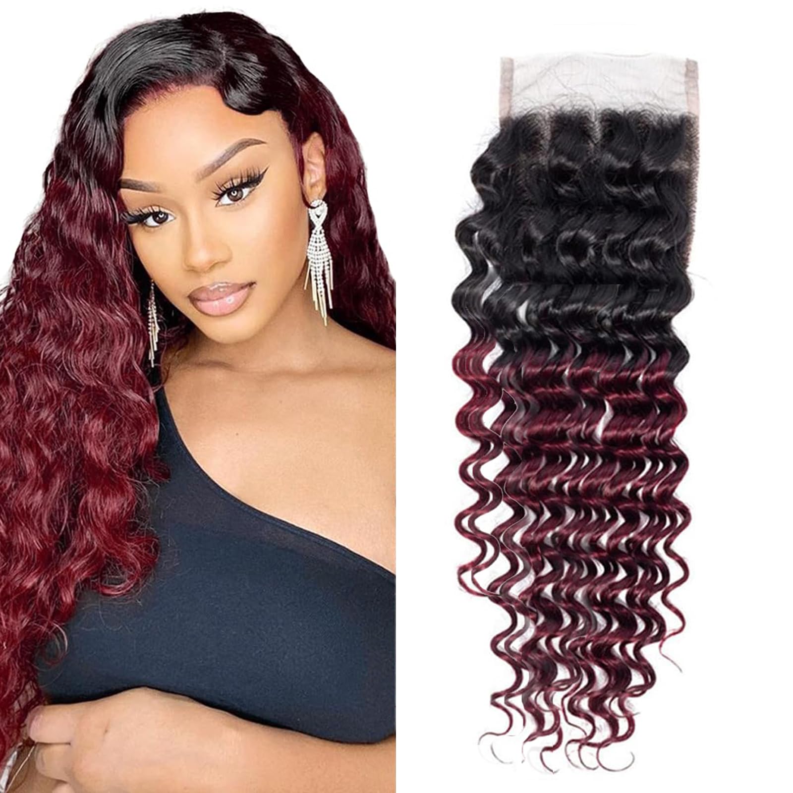 4x4 Deep Wave Closure 20 Inch Burgundy Human Hair 1b/99j Red Deep Wave Closure Brazilian Unprocessed Virgin Hair Wet And Wavy Cl