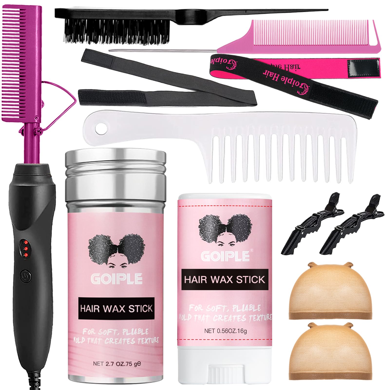 Goiple Electric Hot Comb Pink Hair Straightener & Curling Iron for Natural Black Hair Wigs - Model GEHC005