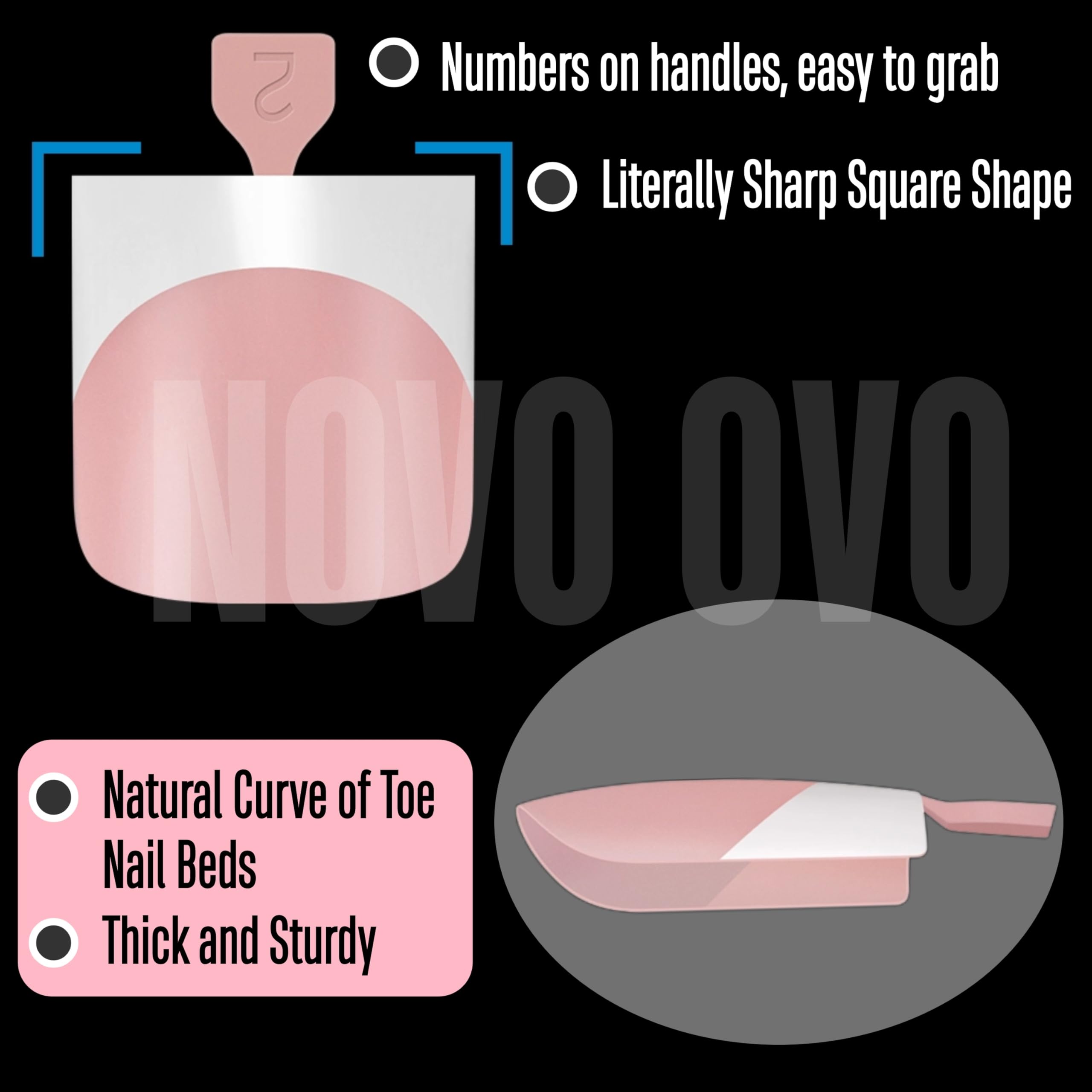 NOVO OVO French Tip Toe Nail Tips Press on, Sharp Square Pre-Designed Soft Gel False Toenail Extension, BABY PINK Pre-applied Ti