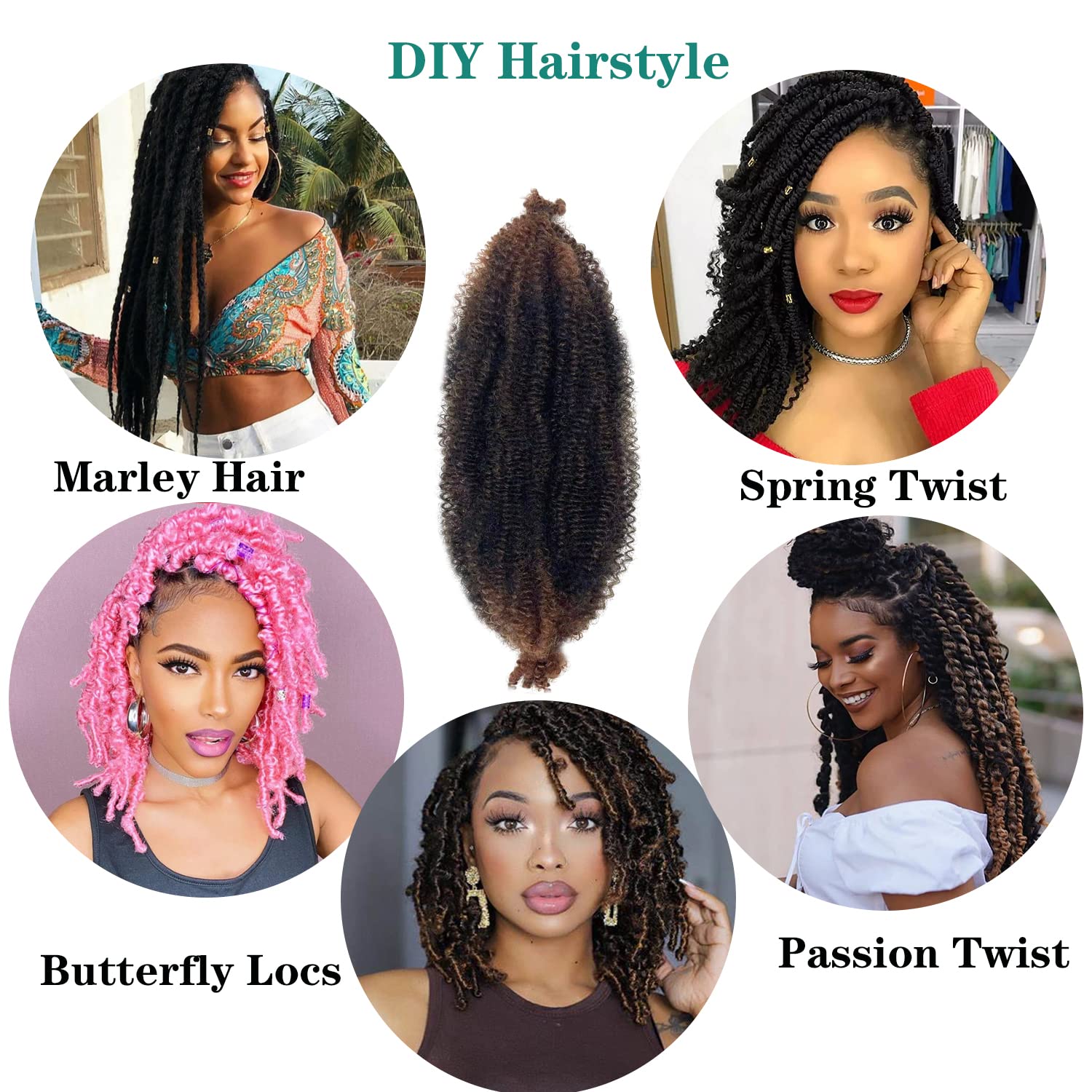 Springy Afro Twist Hair 16 Inch Pre-Separated Marley Twist Braiding 8 Packs Ombre Brown Kinky Marley Twist Hair for Spring Twist