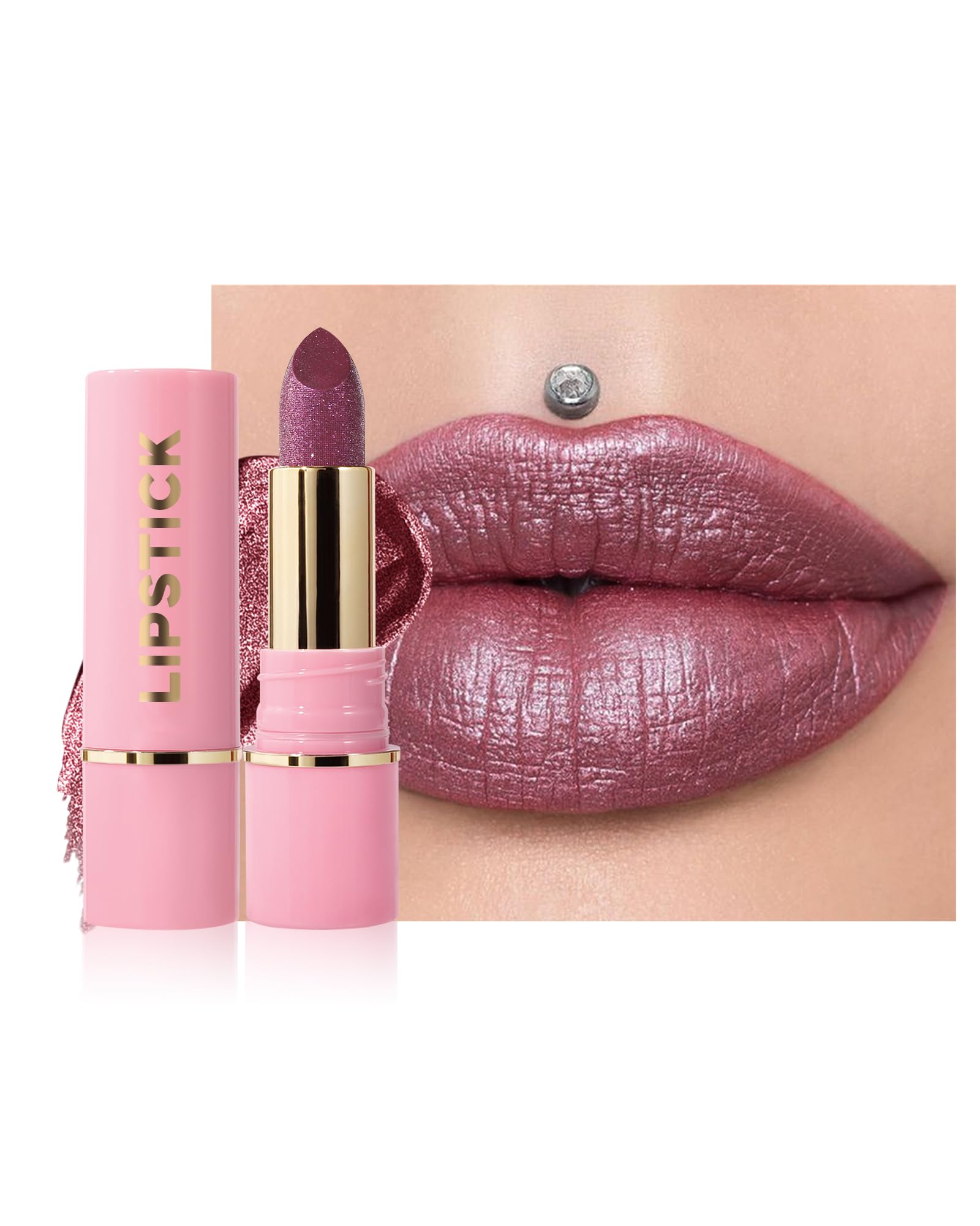 Diamond Glitter Matte Lipstick,Rose Brown Metallic Shimmer Lip Gloss Lip Tint Stain,Longlasting Waterproof Non-Stick Lip Color,F