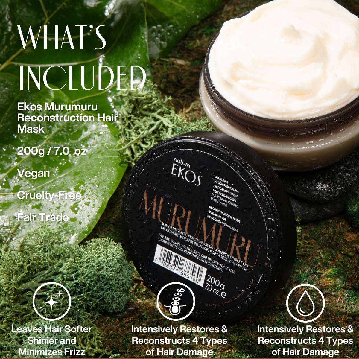 natura Ekos Murumuru Reconstruction Hair Mask - Reduce Breakage & Rebuild Hair Fiber - Intensely Repairs & Protects From Damage