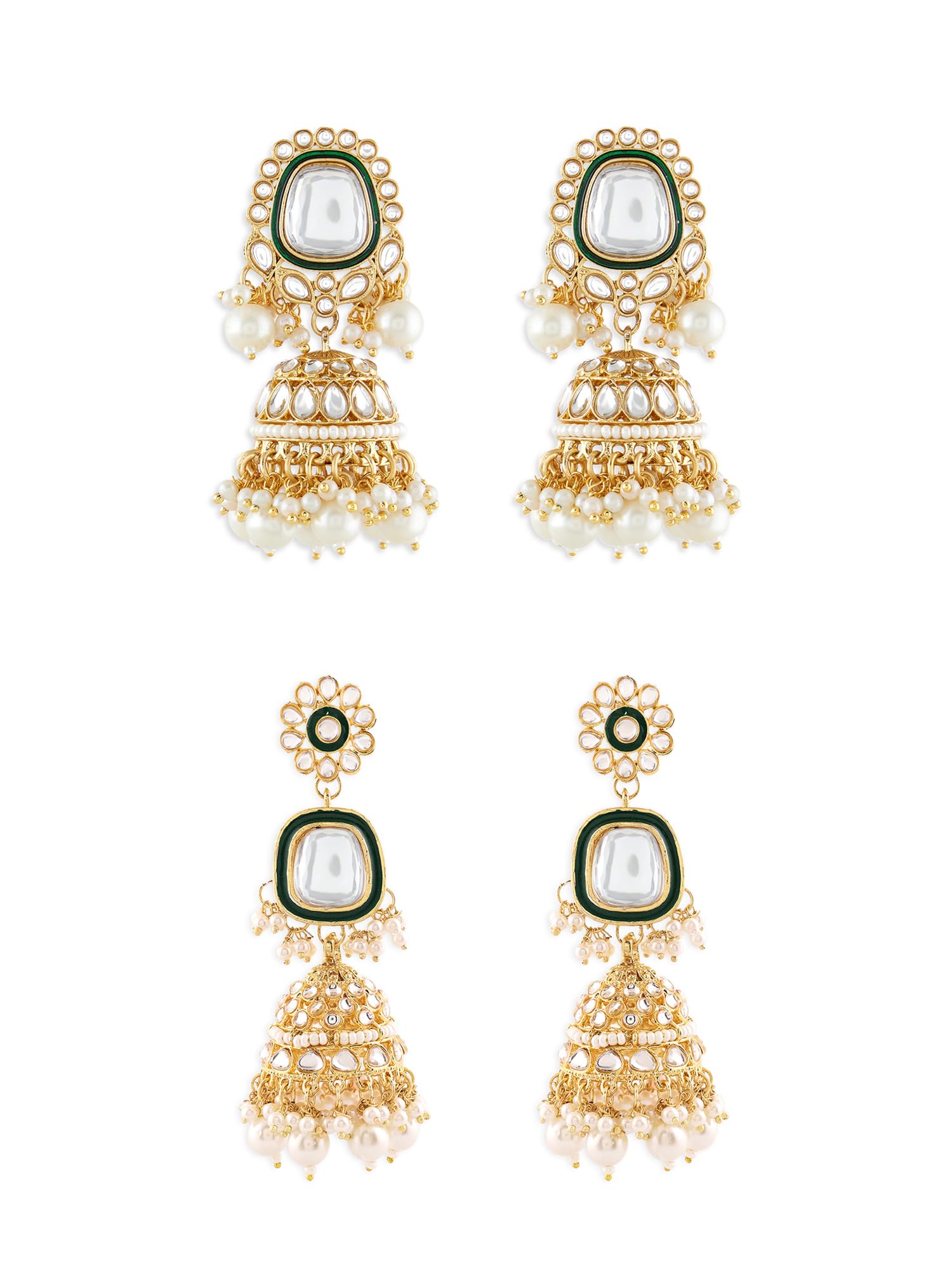 Zaveri Pearls Combo Of 2 Green Meenakari Kundan & Pearls Embellished Statement Jhumka Earrings For WomenZpfk22017