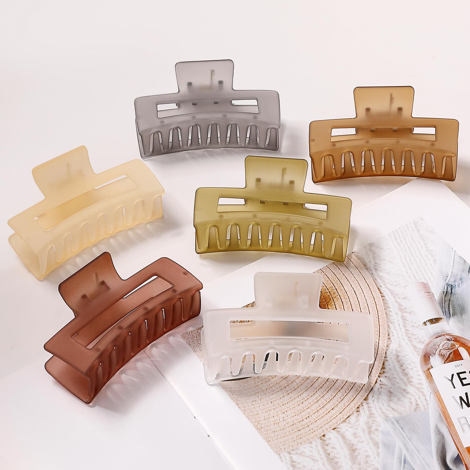 Sisiaipu 3.5 Inch Medium Hair Accessories - 6 Pack Square And Rectangle Banana Jaw Clips For Women And Girls - Tea