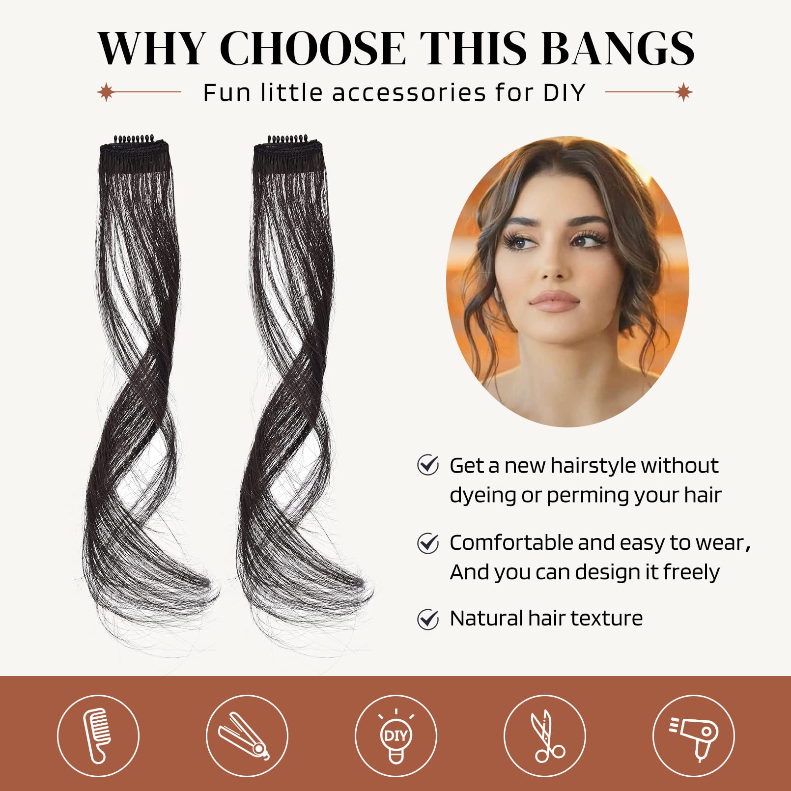 Flufymooz 12'' Clip-In Bangs Set: Long Synthetic Dragon Beard Fringe With Temples, 2Pcs (Black Brown)