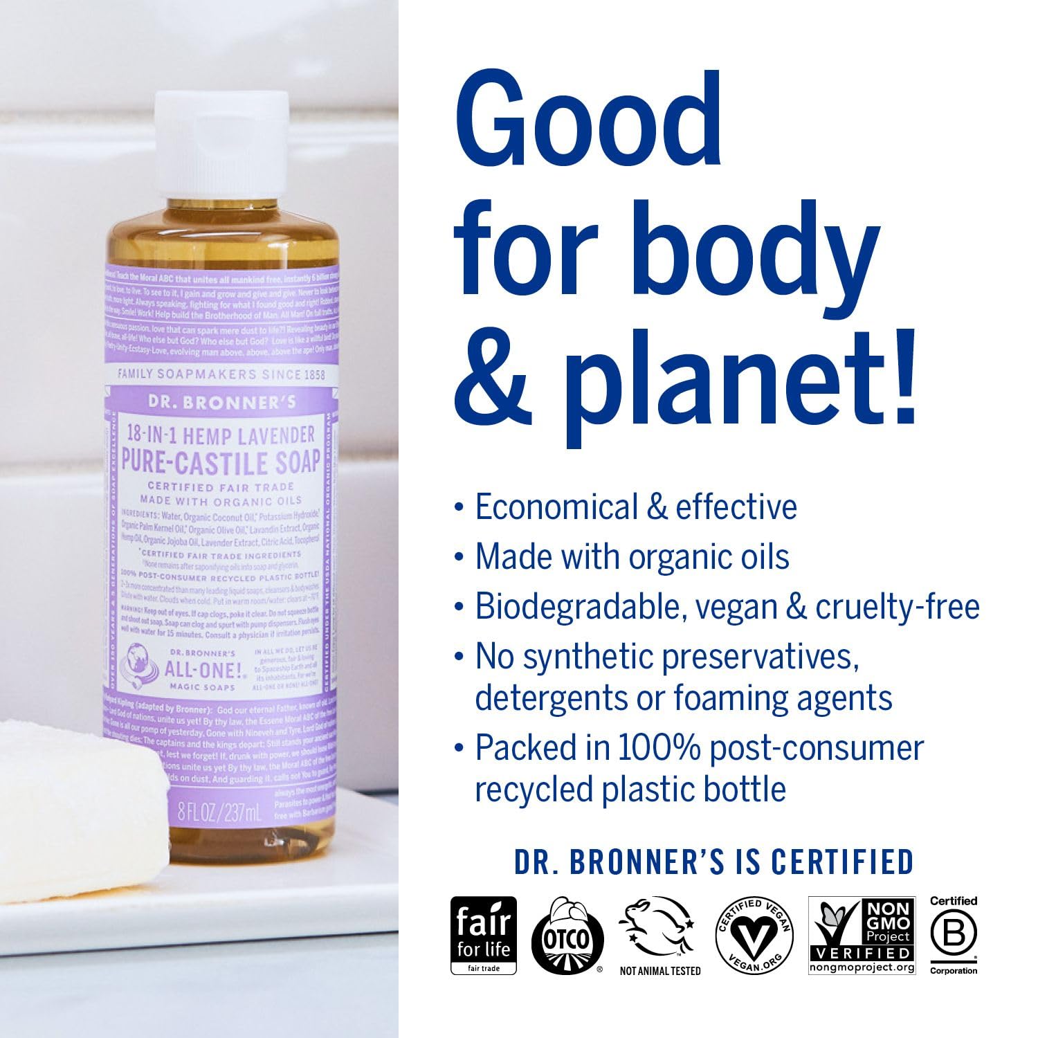 Dr. Bronner'S - Pure-Castile Liquid Soap (Lavender, 8 Ounce) - Made With Organic Oils, 18-In-1 Uses: Face, Body, Hair, Laundry,