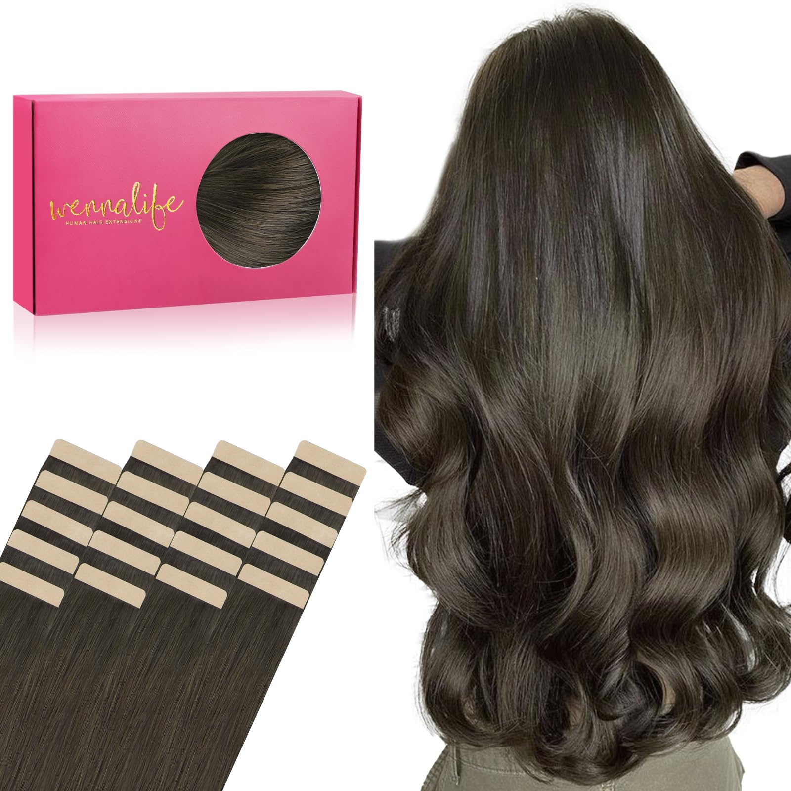 Wennalife Tape In Hair Extensions Human Hair, 20Pcs 50G 14 Inch Cool Dark Brown Remy Hair Extensions Straight Human Hair Tape In
