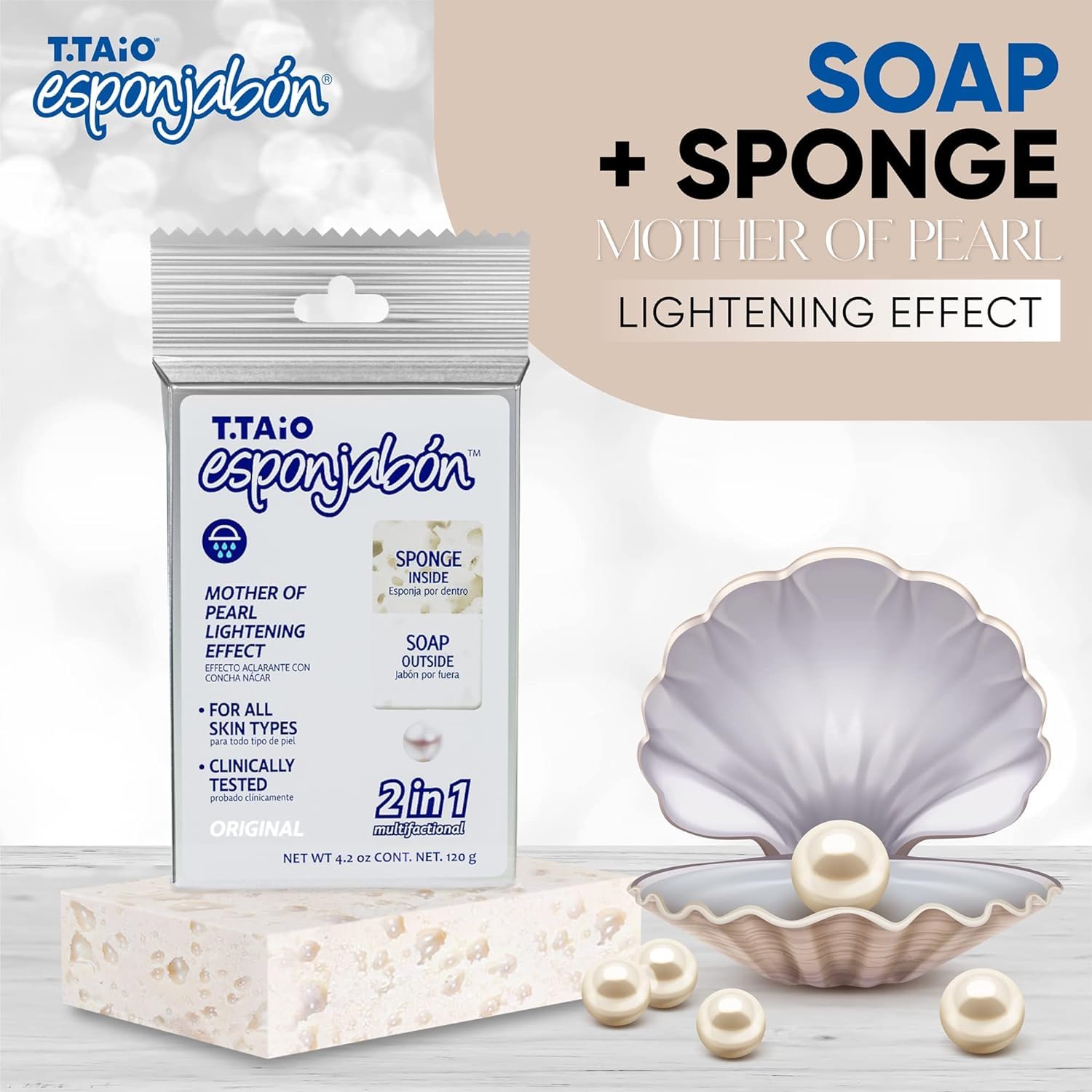 T.Taio Esponjabon Mother Of Pearl And Coffee Soap Sponges - Shower Scrubbers That Remove Oil And Dirt - Sponges To Scrub Foot, E