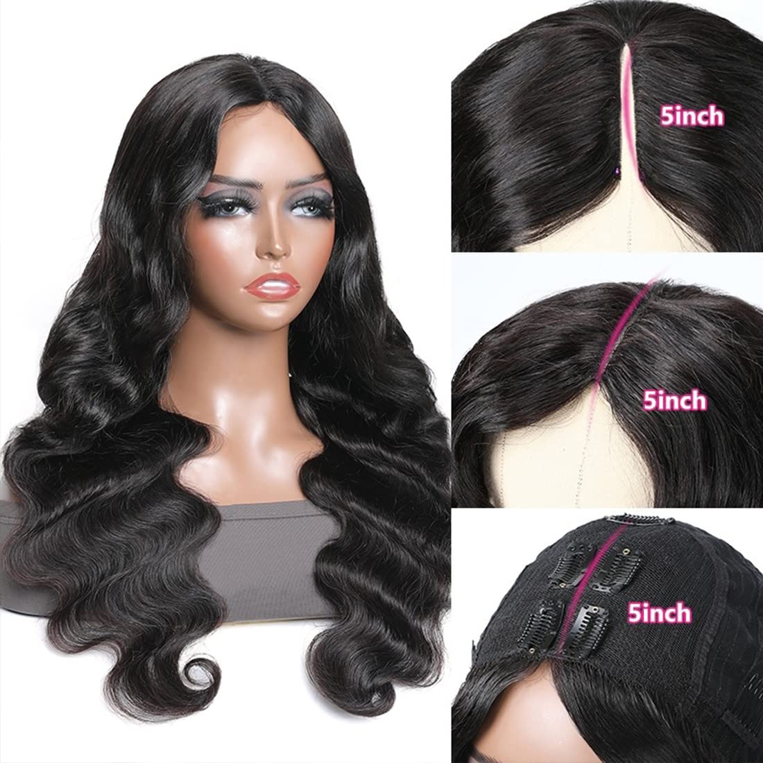 Beauty Forever Small Cap V Part Wig Body Wave Human Hair No Leave Out No Glue No Gel Upgraded U Part Wigs For Women, 10A Grade W