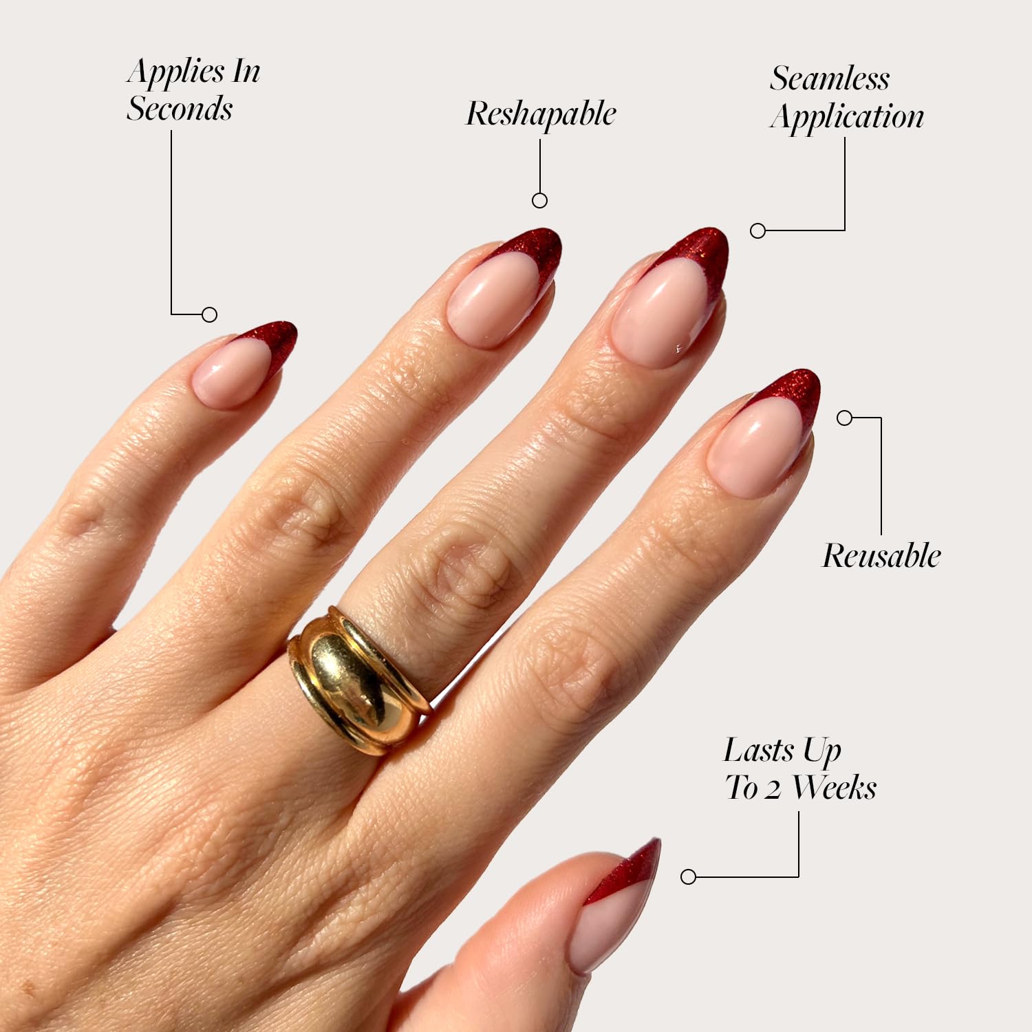 Glamnetic Press On Nails - Red Affair | Short Almond Red Glitter French Tip Nails With A Glossy Finish | 15 Sizes - 30 Nail Kit