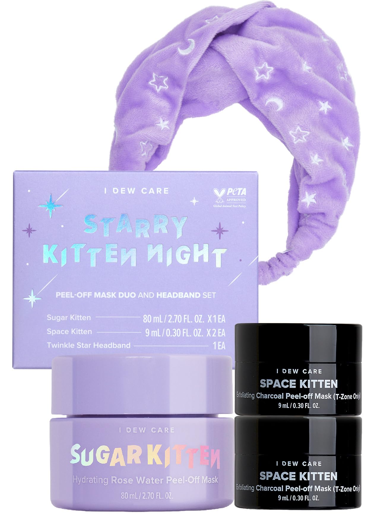 I Dew Care Starry Kitten Night - Peel Off Masks And Headband Set | Hydrating, Illuminating, Exfoliating, Star-Patterned Headband