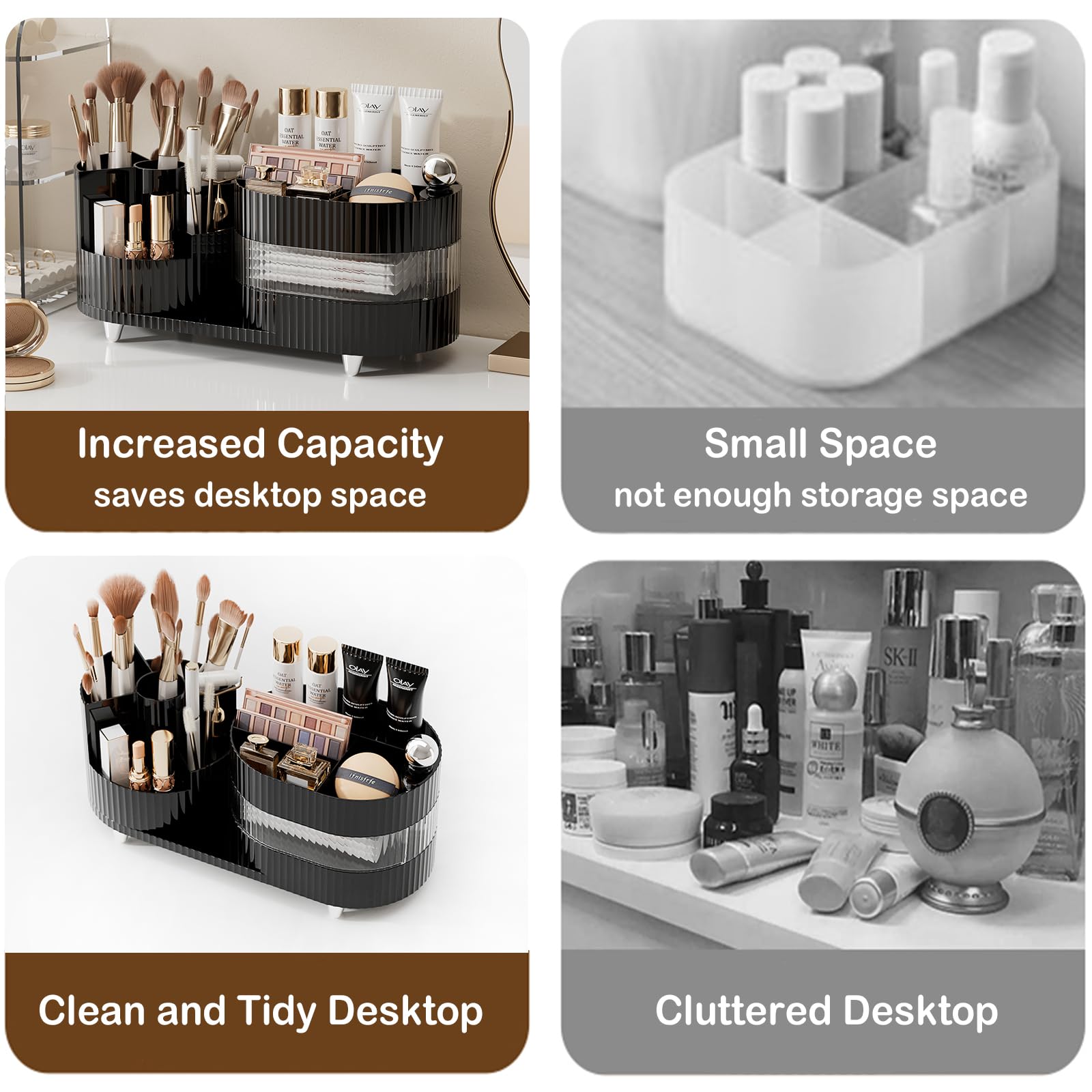 Rotating Makeup Organizer For Vanity With Brush Holder, Cosmetic Makeup Storage Organizer, Large Spinning Makeup Skincare Organi
