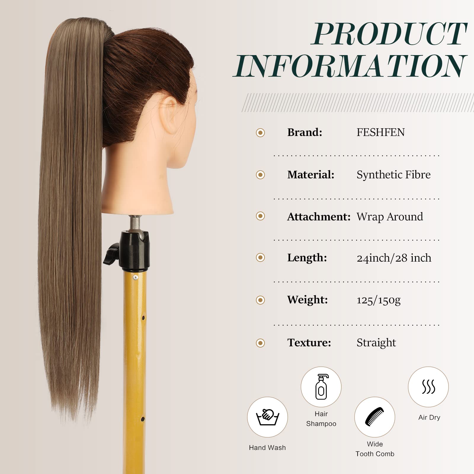 Feshfen Straight Long Ponytail Extensions 28 Inch Wrap Around Synthetic Ponytails Hair Piece Pony Tail Hair Extensions Hairpiece