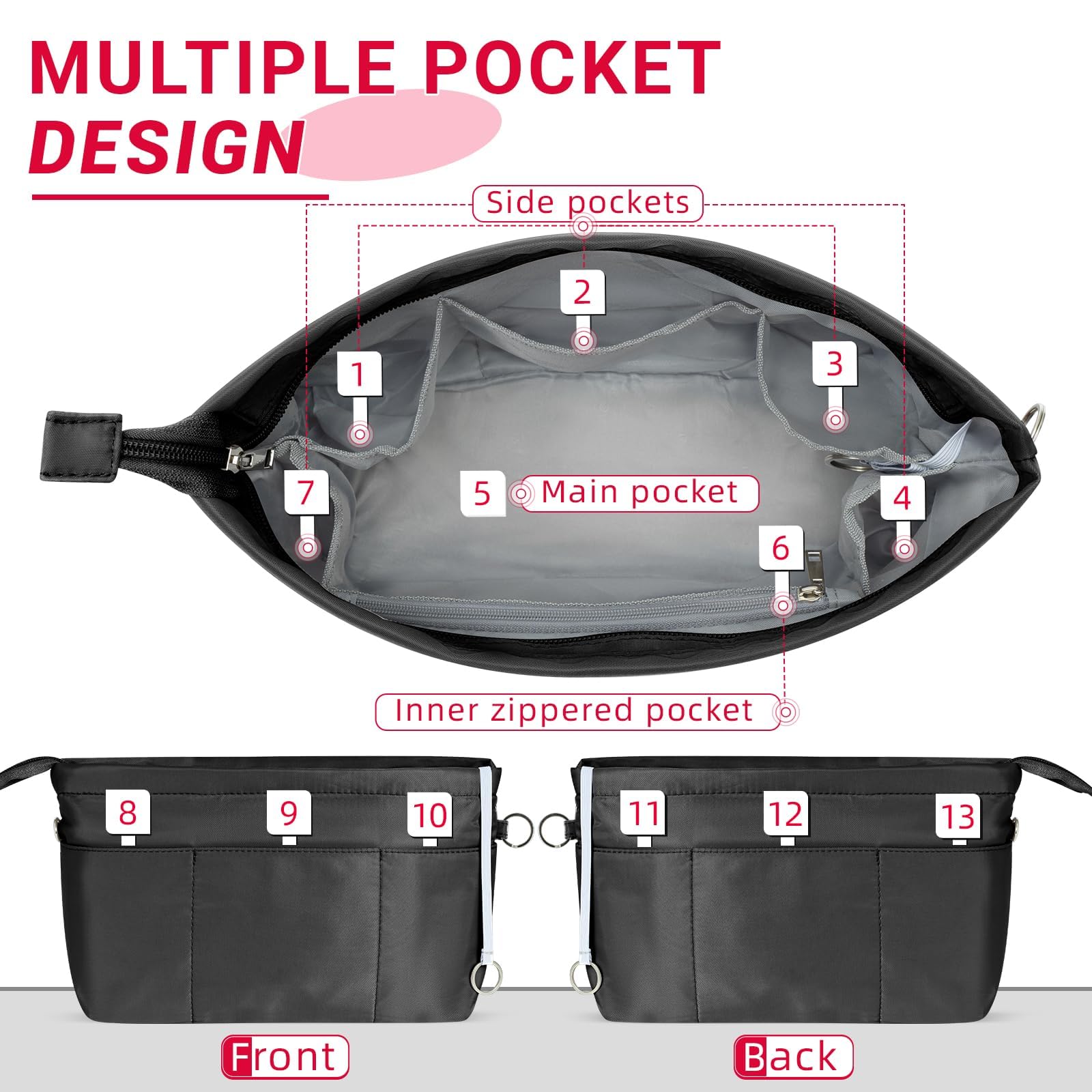 HyFanStr Purse Organizer Insert with Zipped Top for Tote Bag, Handbag Shaper with 13 Pockets, Black S