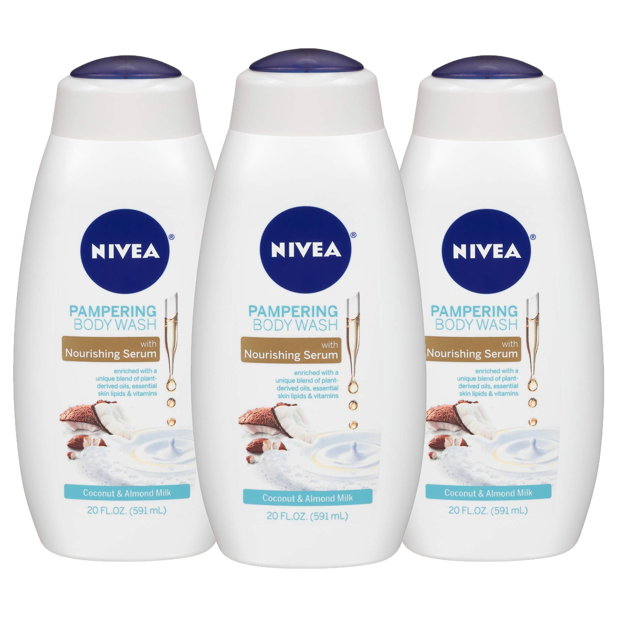 NIVEA Coconut and Almond Milk Body Wash with Nourishing Serum, Pack of 3, 20 Fl Oz Bottle