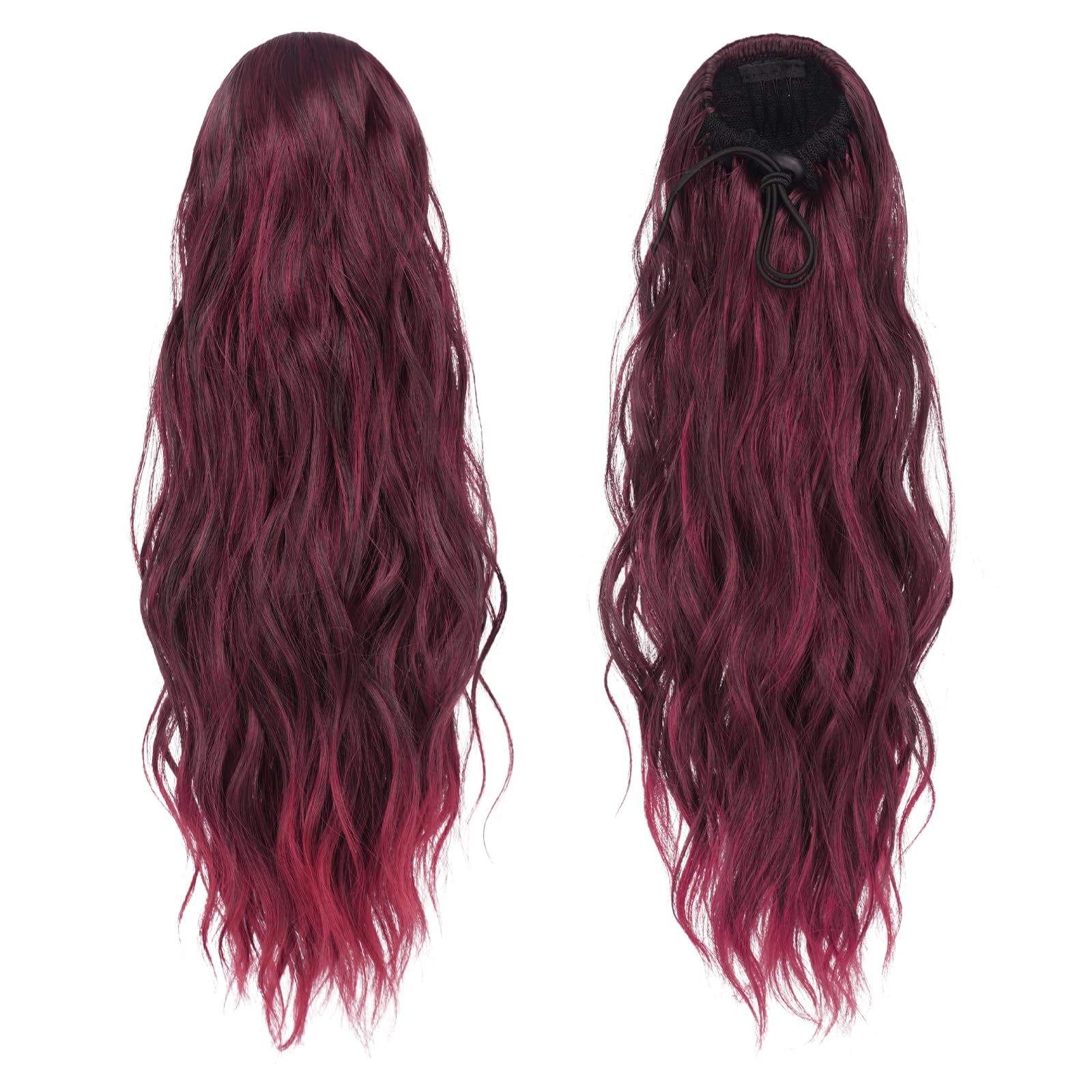 FESHFEN Ponytail Extensions, Drawstring Ponytails Hair Extension Black Ombre Red Long Curly Wavy Hair Piece Synthetic Pony Tail