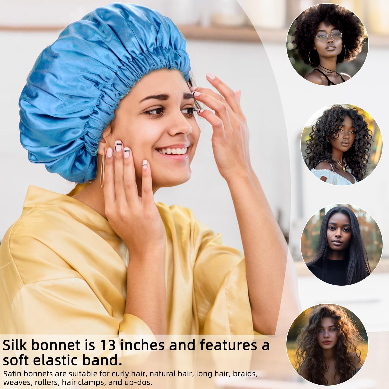 Satin Bonnet Silk Bonnet Hair Bonnet for Sleeping-Slouchy Beanie Hat Satin Sleep Cap for Women's Natural & Curly Hair(Lake Blue)