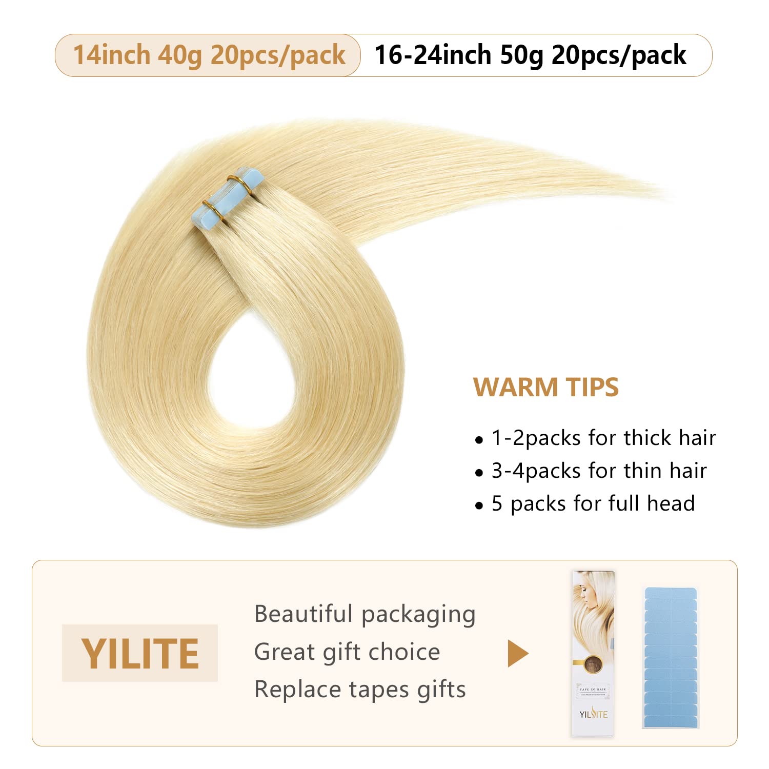 Yilite Tape In Hair Extensions Human Hair,100% Remy Human Hair 20Pcs 40G 14Inch Silky Straight Bleach Blonde Hair Extensions Tap