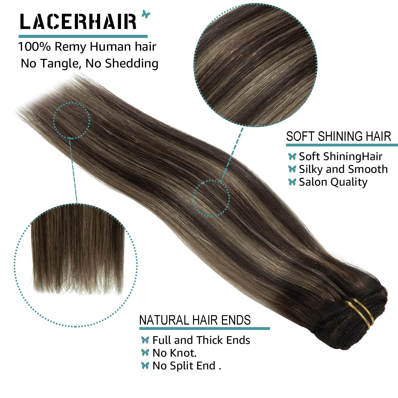 Lacer 140G 20 Inch Clip In Human Hair Extensions Thick Double Weft 7Pcs With 16 Clips Chestnut Brown Mixed Dark Brown With Dark