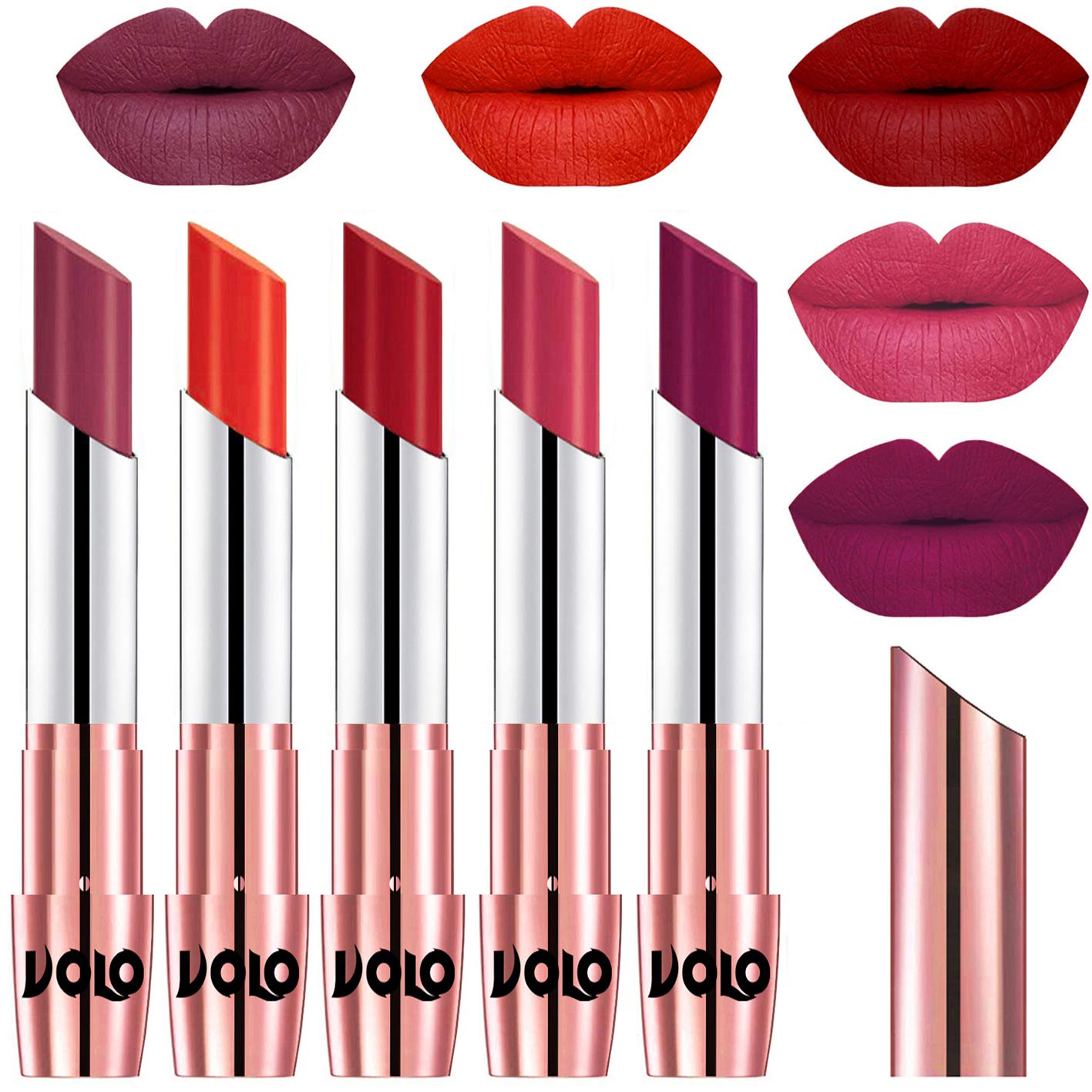 Volo Creme Matte Smooth Lipstick Combo Set Of 5 Bold Colors Long Lasting(Cherry, Coral, Tomato Red, Pink, Magenta 17.5 G)