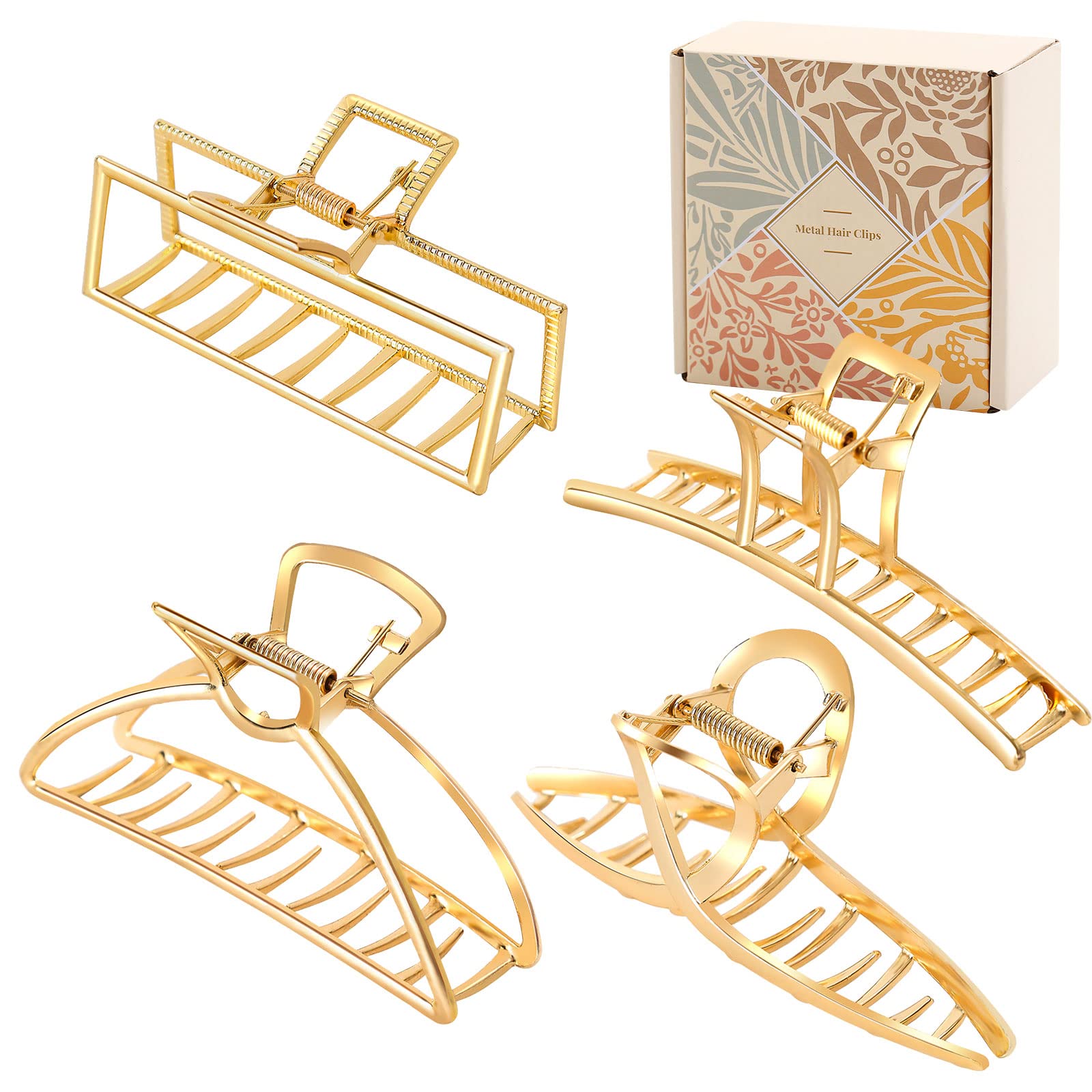 4 Pack Large Gold Hair Claw Clips for Women Thick Hair, Non-Slip Hair Catch Barrette Jaw Clamp, French Design Metal Cross Banana