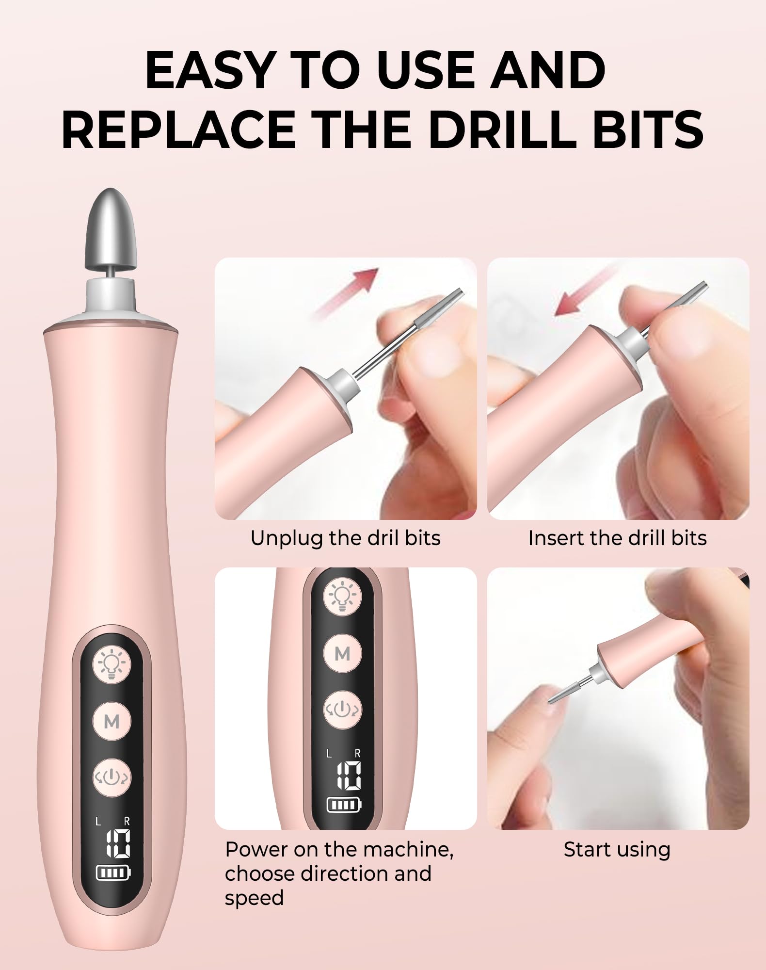 Cordless Nail Drill File 10 Speeds Electric Portable Manicure Pedicure Kit Rechargeable Nail Care Tool 360 Led Light Lcd Display