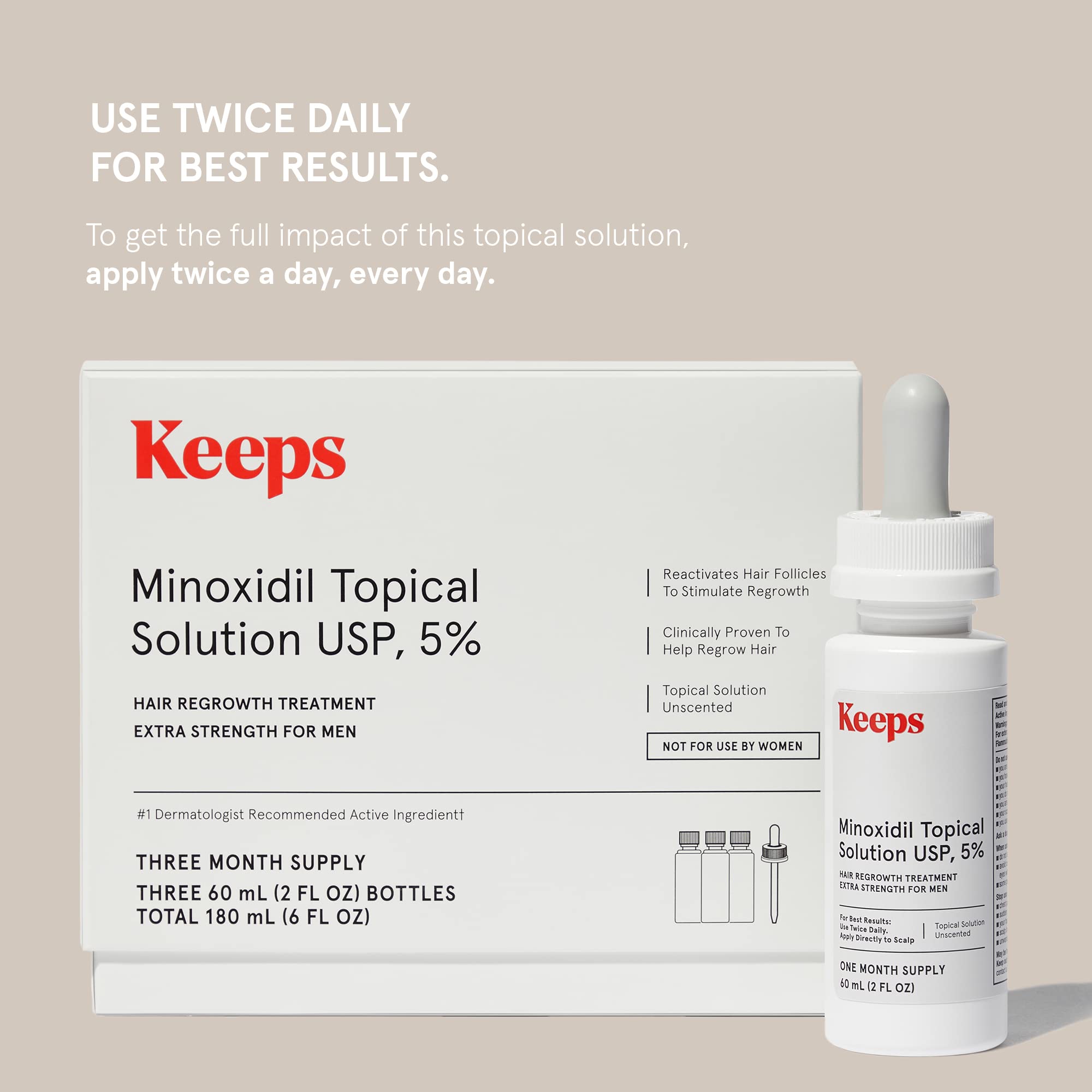 Keeps Extra Strength Minoxidil For Men Topical Hair Growth Serum, 5% Solution Hair Loss Treatment - 3 Month Supply (3 X 2Oz Bott