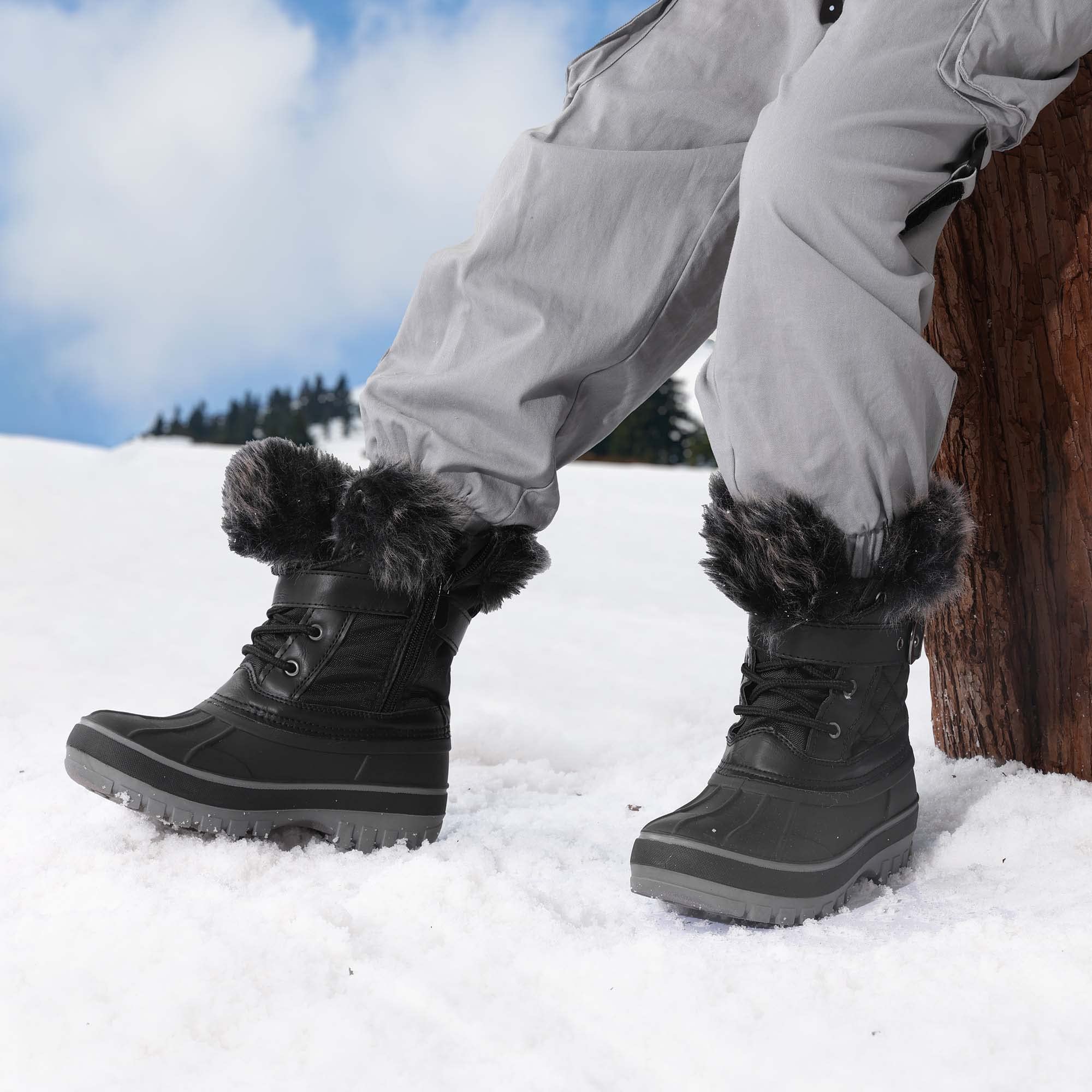 Dream Pairs Boys Black Faux Fur-Lined Insulated Waterproof Winter Snow Boots Kriver-3 Size 11 Little Kid