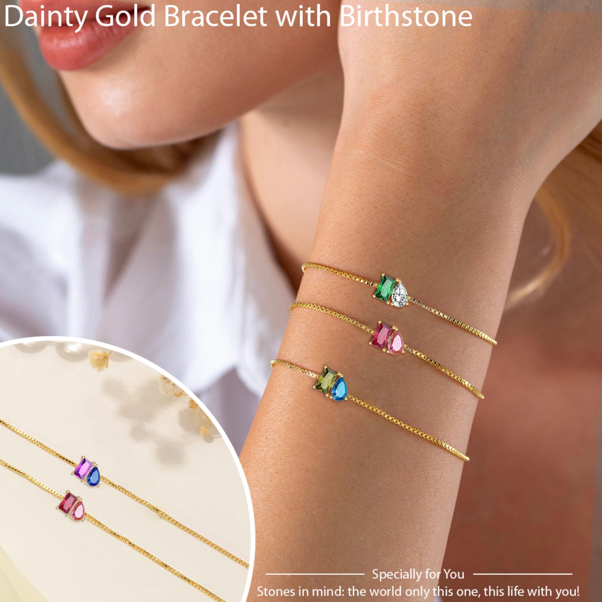 August Birthday Gifts for Women Dainty Gold Bracelet with 2 Birthstone Adjustable Sister Birthday Gifts Sapphire Birthstone Brac