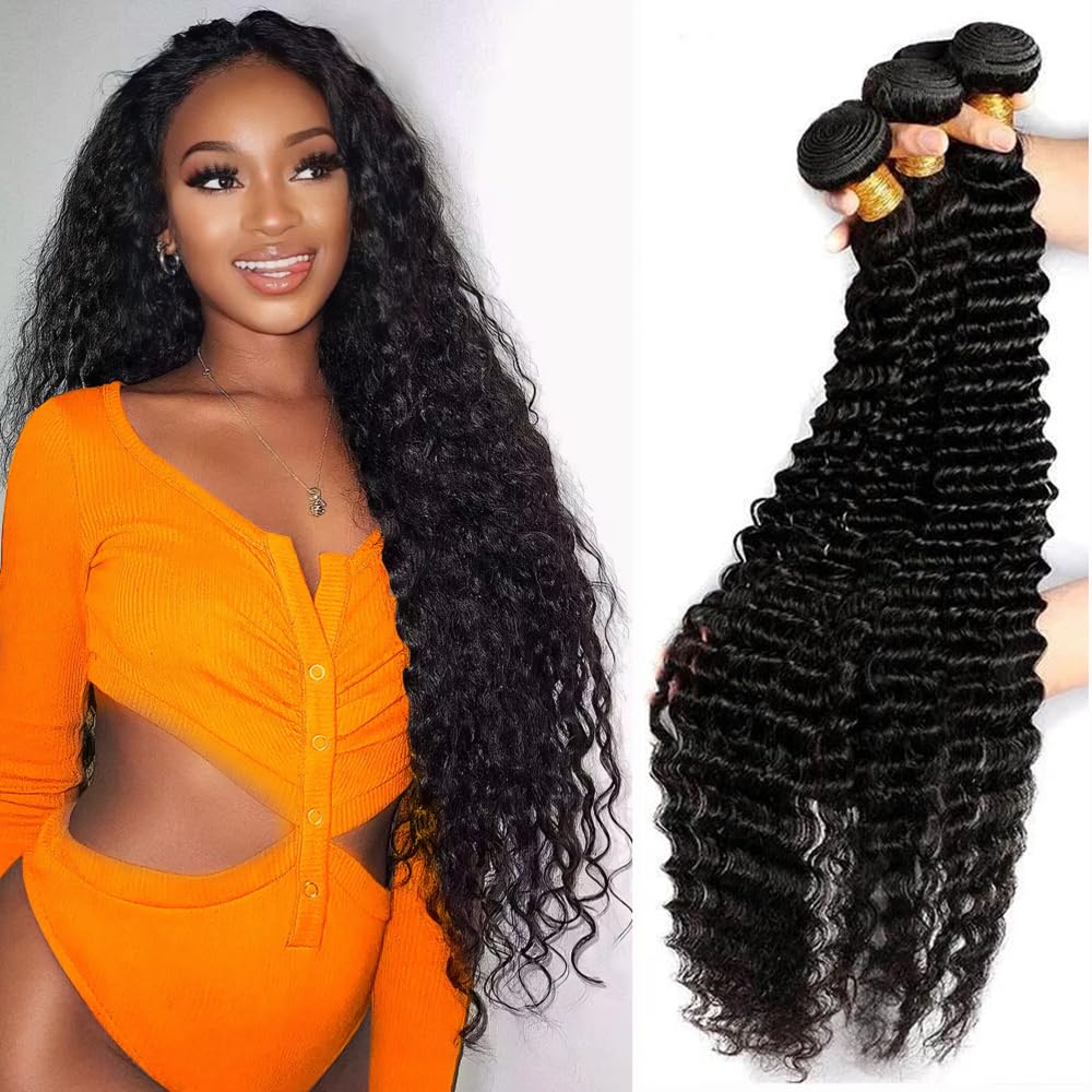 Releek Deep Wave Hair Bundles Human Hair Bundles Water Wave Brazilian Curly Wave Human Hair 3 Bundles 18 20 22 Inch 100% Unproce