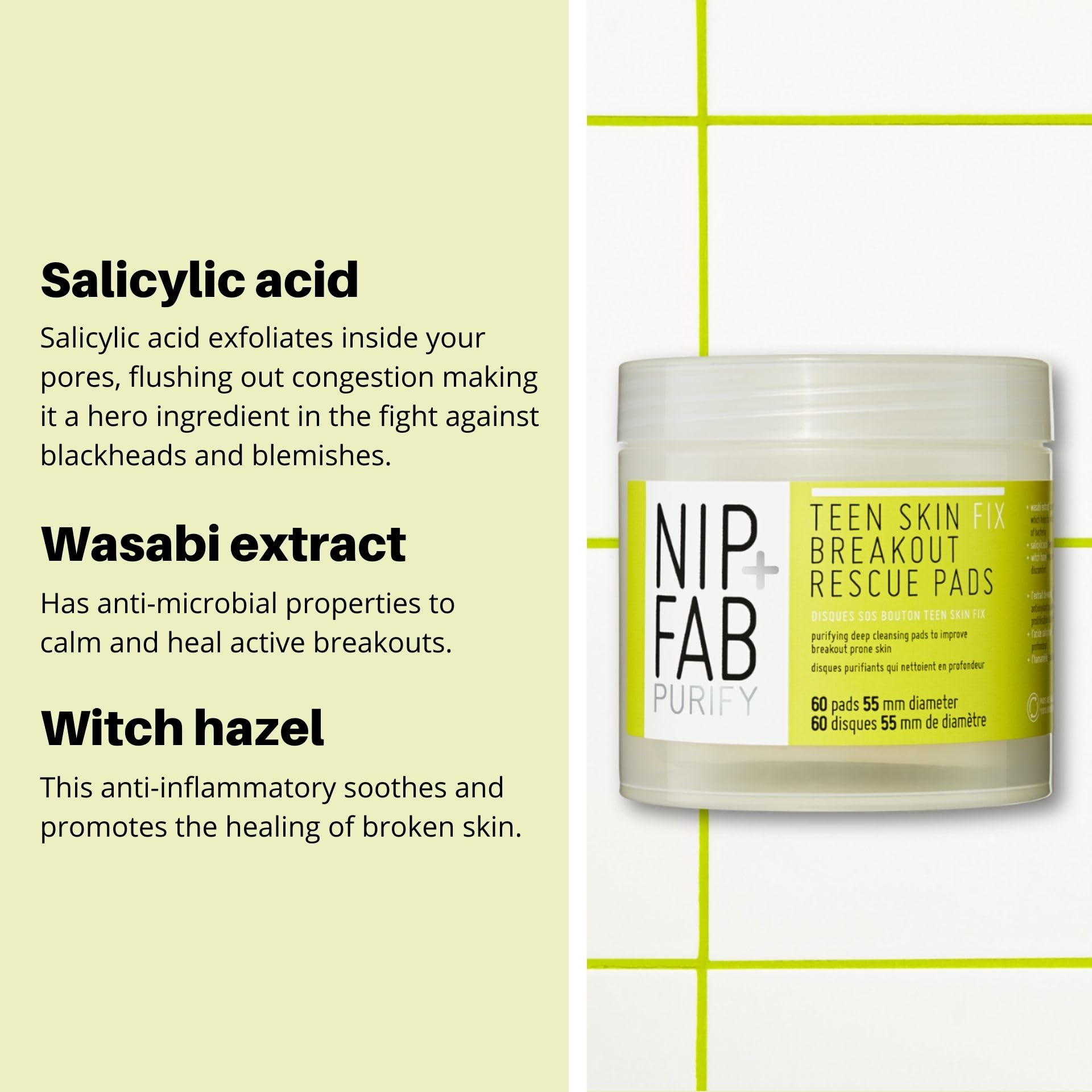 Nip + Fab Teen Skin Fix Zero Breakout Rescue Face Pads With Salicylic Acid, Witch Hazel And Antioxidant Wasabi Extract, Bha Faci
