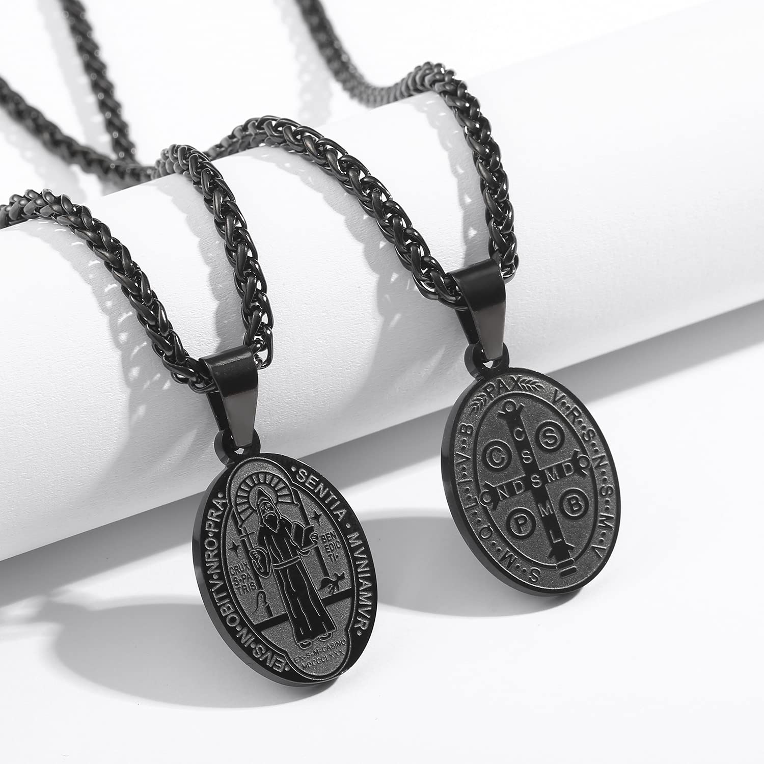 P. BLAKE Black St Saint Benedict Medal Necklace for Men, Stainless Steel Exorcism Catholic San Benito Medalla Religious Pendant