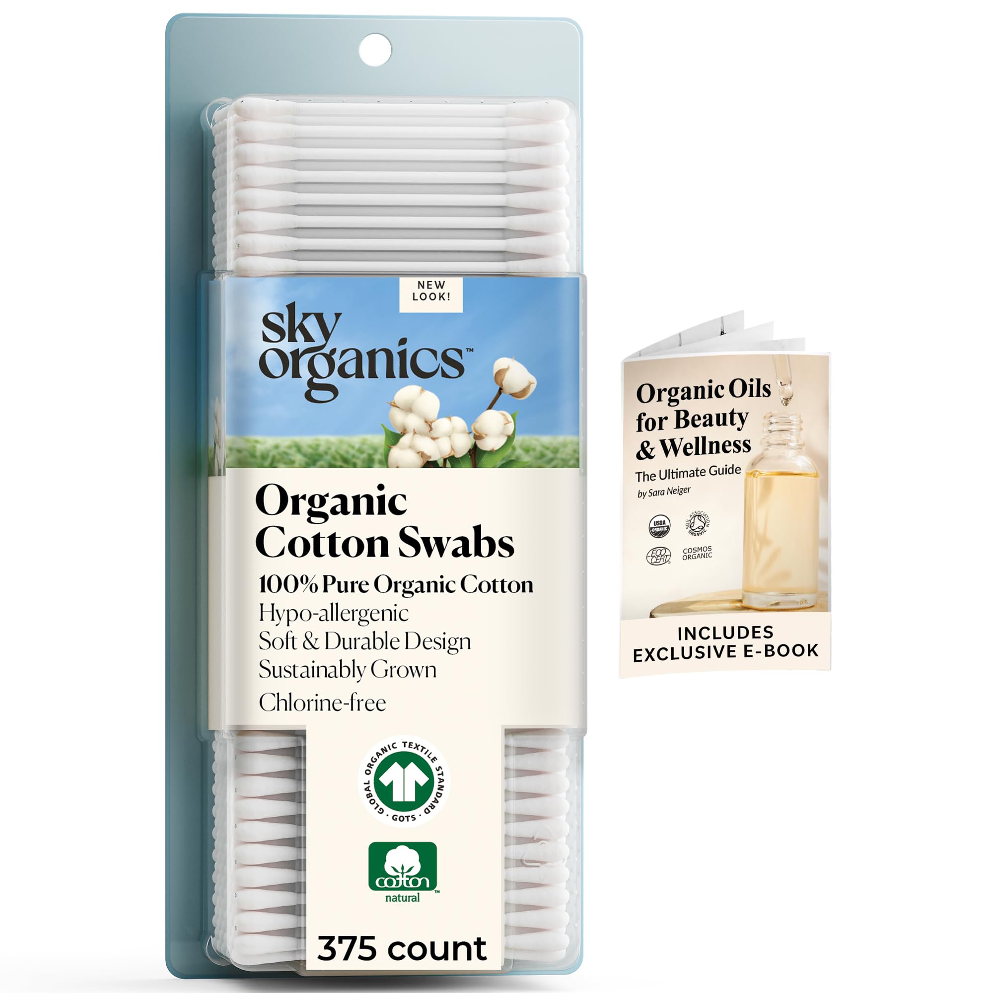 Sky Organics Organic Cotton Swabs for Sensitive Skin, 100% Pure GOTS Certified Organic for Beauty & Personal Care, 375 ct
