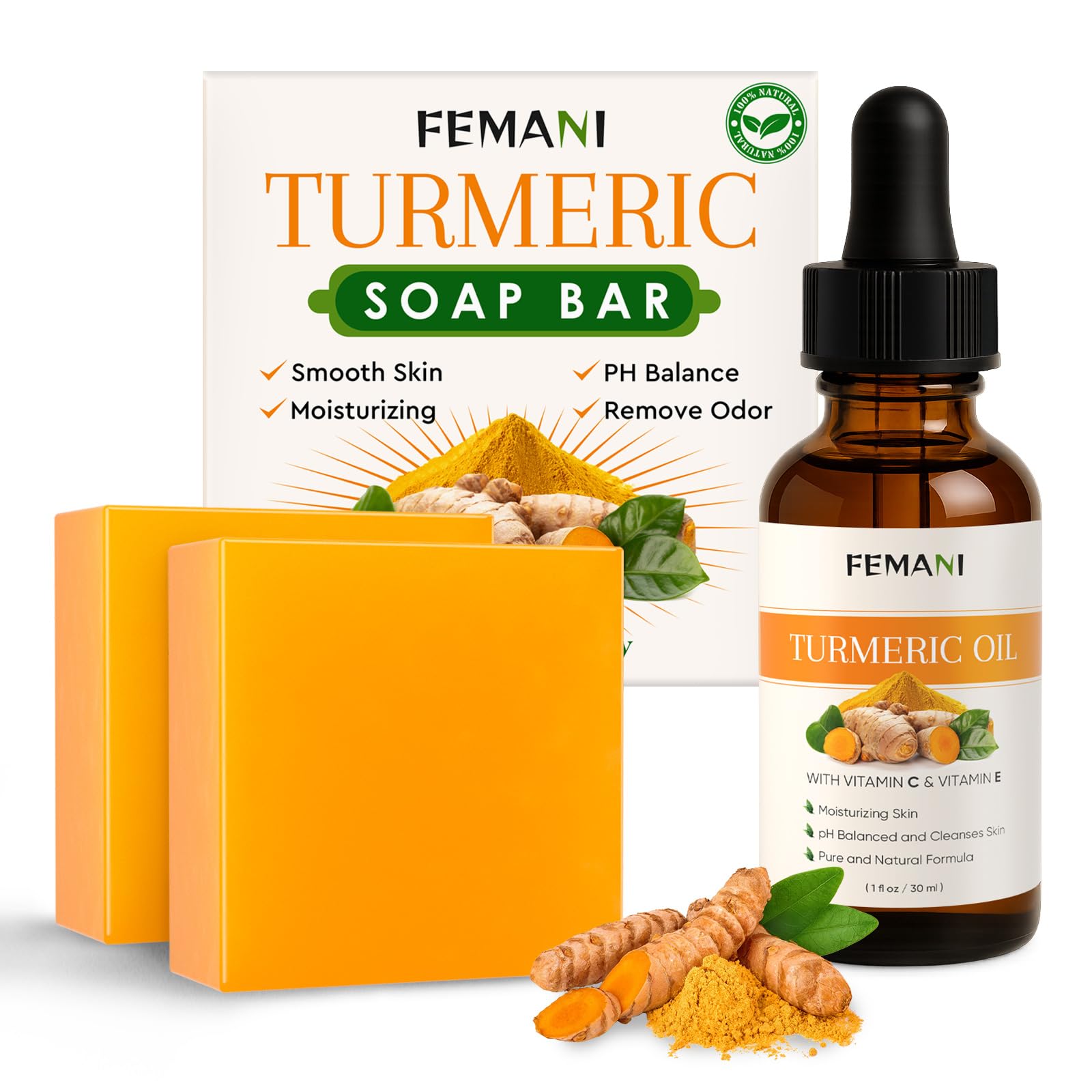 2 PCS Natural Turmeric Soap Bar for Face & Body Cleanser and Turmeric Oil, Nautral Ingredients Turmeric Wash and Care Set, Sooth