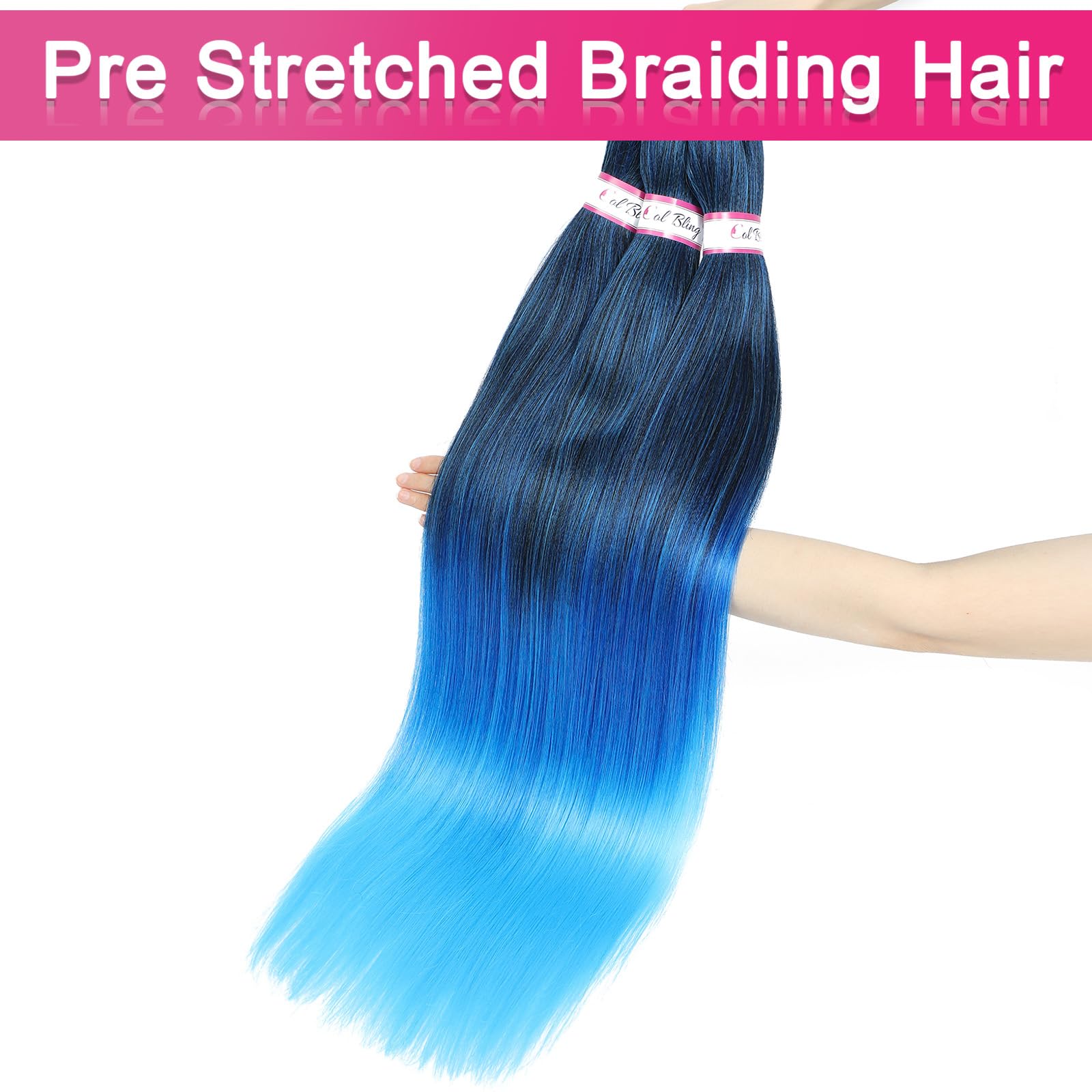 Col Bling Braiding Hair Pre Stretched 28 Inch 3 Packs Ombre Blue Long Braid Hair Extensions For Women Box Braids Hair Pre-Stretc