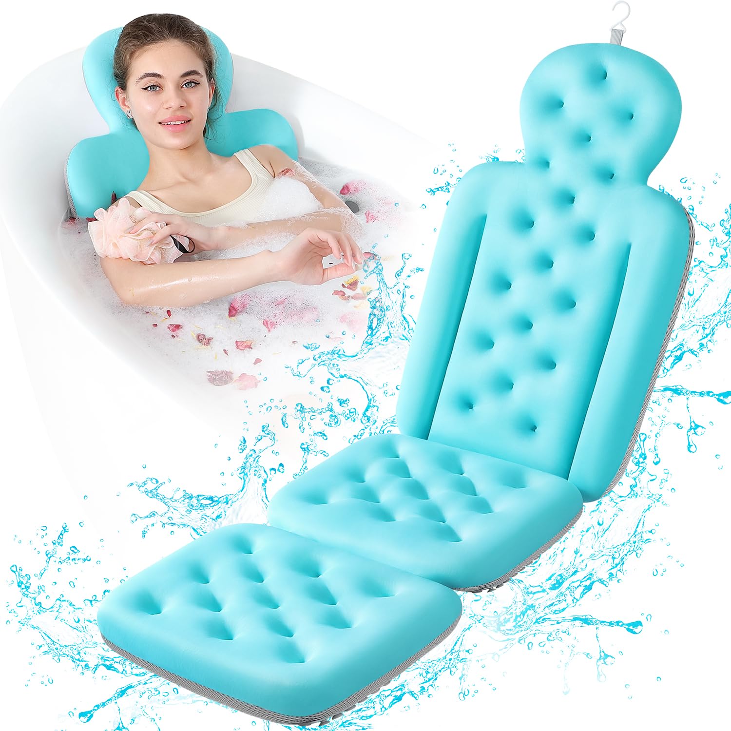 Luxury Bath Cushion, Full Body Bathtub Pillow With 160 Suction Cups, Bath Mat For Head And Neck Support, With Laundry Bag (Blue,