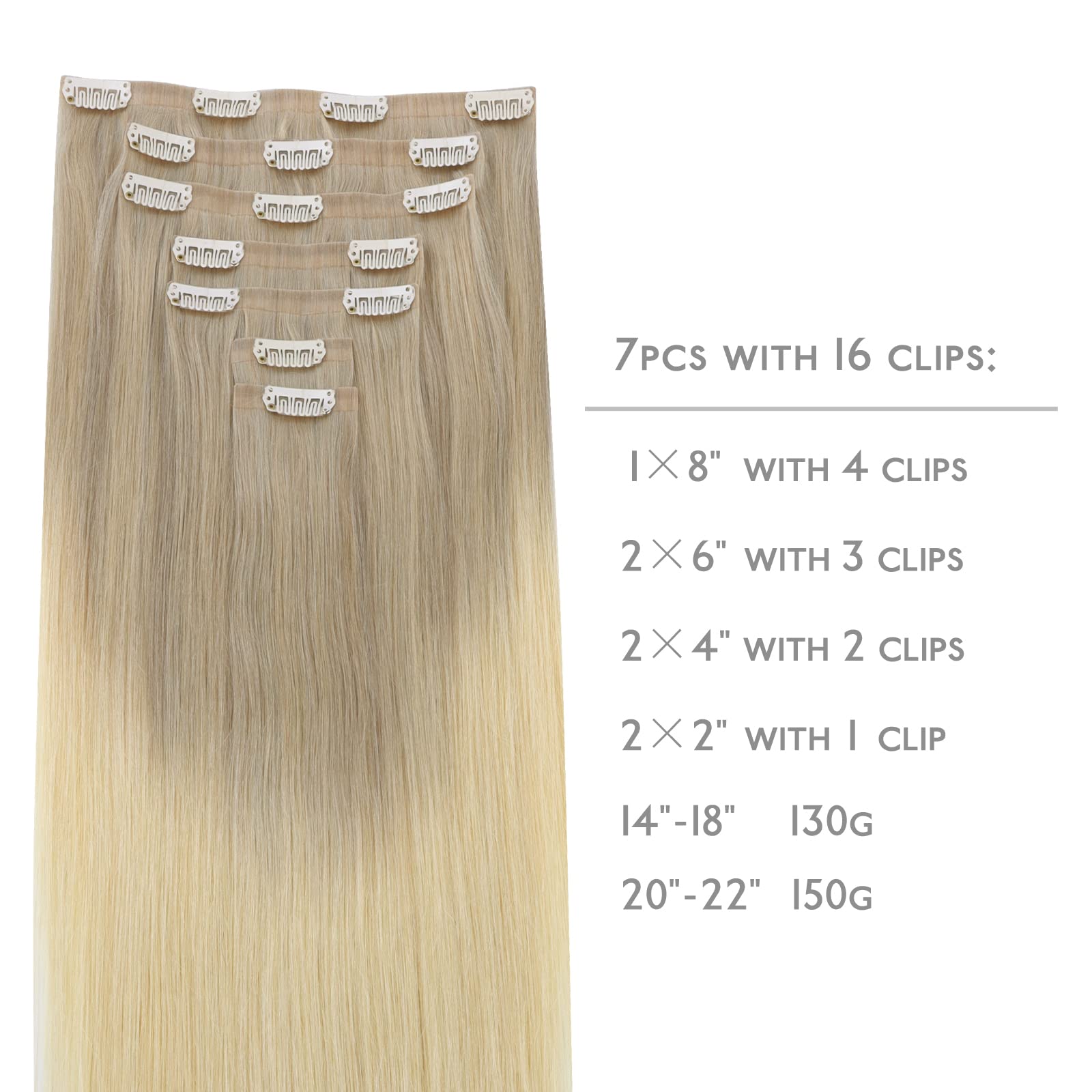 Wennalife Seamless Clip In Hair Extensions, 18 Inch 7Pcs 130G Ombre Ash Blonde To Golden Blonde Balayage Platinum Blonde Hair Ex