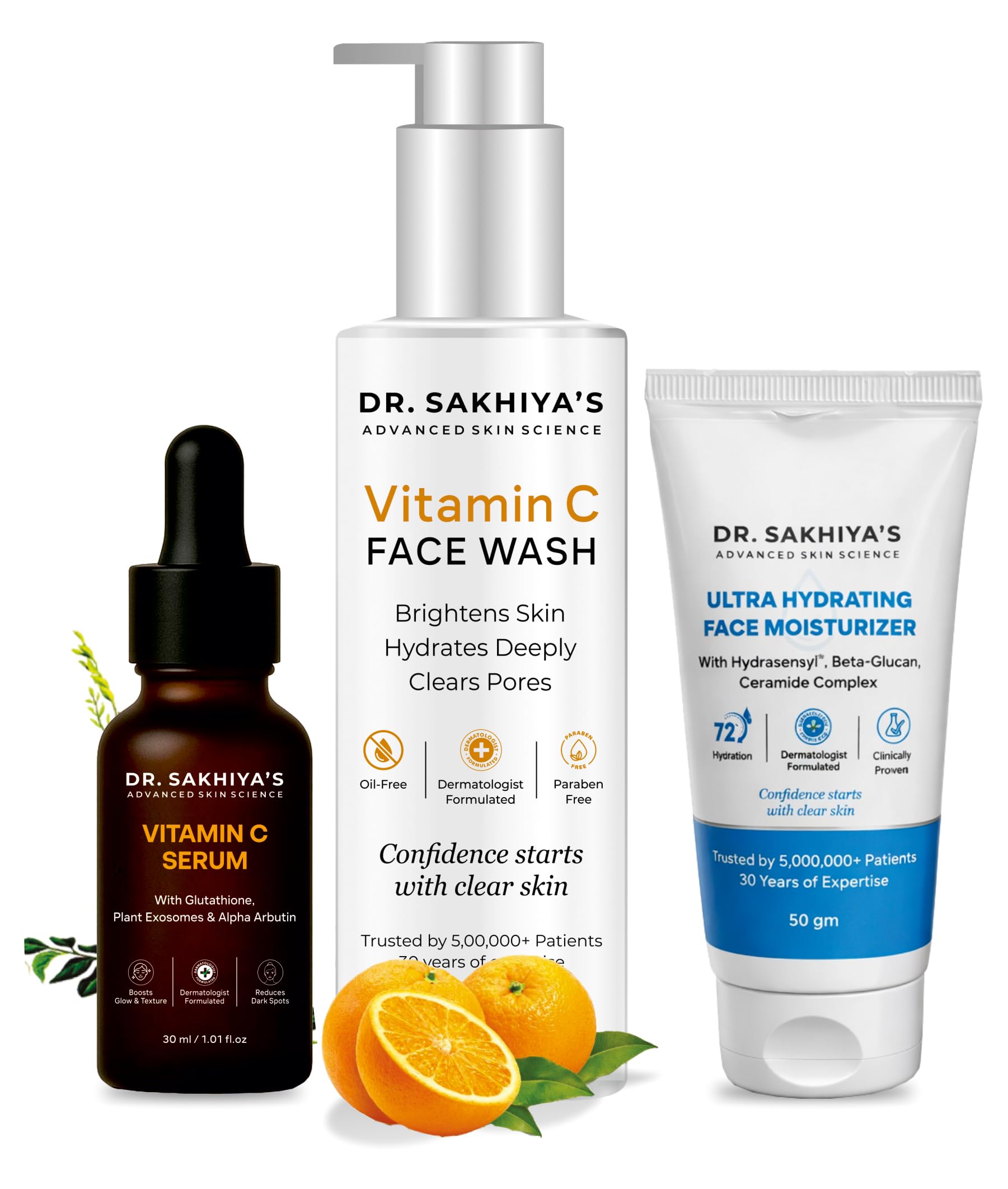 Dr. SakhiyaS Vitamin C Face Serum (50Ml) + Vitamin C Facewash (150Ml) + Ultra Hydrating Moisturizer (50Gm) | (Pack Of 3) | Vitam