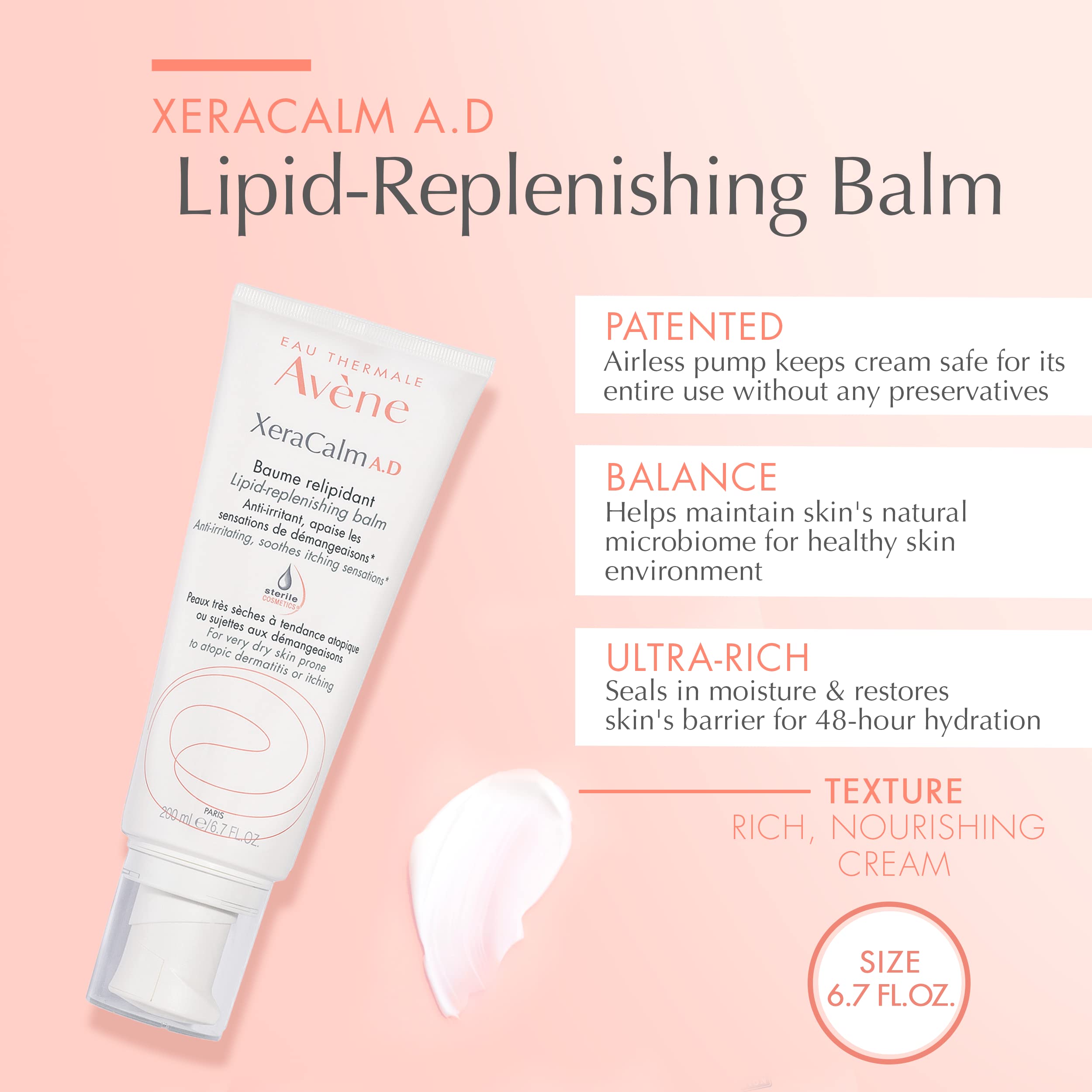 Eau Thermale Avne Xeracalm A.D Lipid-Replenishing Balm, Atopic Dermatitis, Eczema-Prone, No Preservatives, Fragrance-Free, 6.7 O