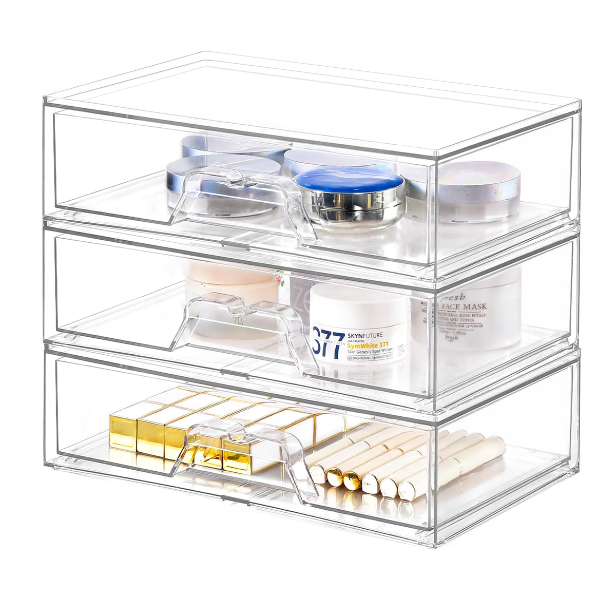 3 Pack Stackable Makeup Organizer, 12.1''L Acrylic Bathroom Organizer And Storage Undersink Drawer, Cosmetics And Beauty Supplie