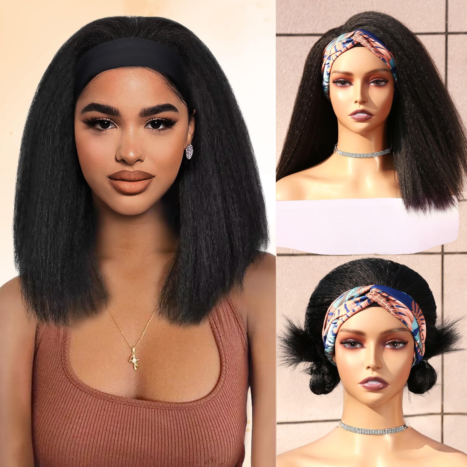 WIGNEE Kinky Straight Headband Wig Kinky Wig with Ribbon Glueless Headband Wigs for Black Women Natural Synthetic Afro Wigs for 
