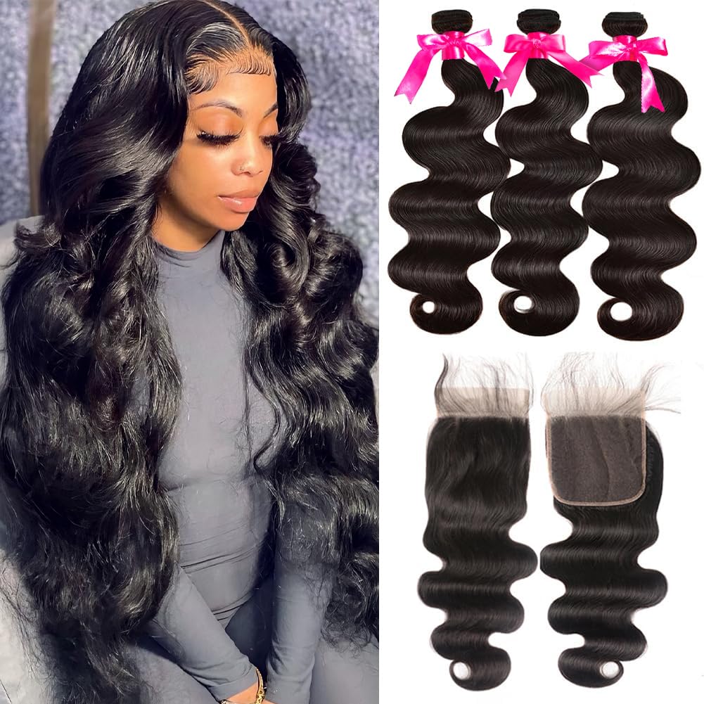 Body Wave Bundles with Closure for Black Women 100% Unprocessed Brazilian Body Wave Human Hair 3 Bundles with 4X4 Lace Closure F
