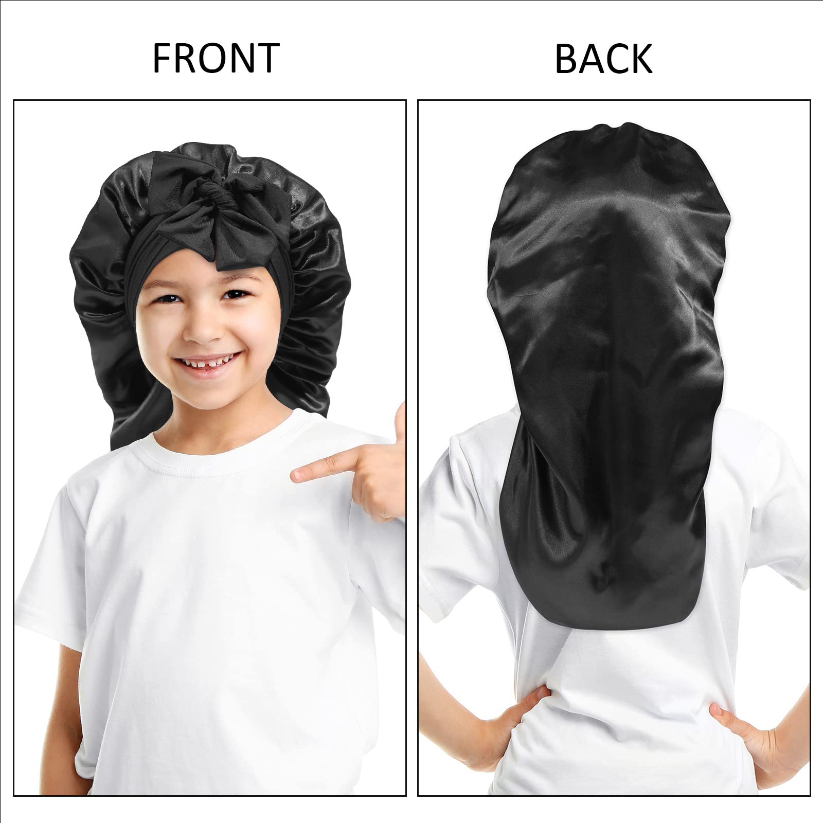 Awaytr Long Toddler Silk Bonnet For Sleeping Elastic Satin Bonnets For Curly Hair Braid Bonnet Night Cap For Aged 3-12 Kids (Bla