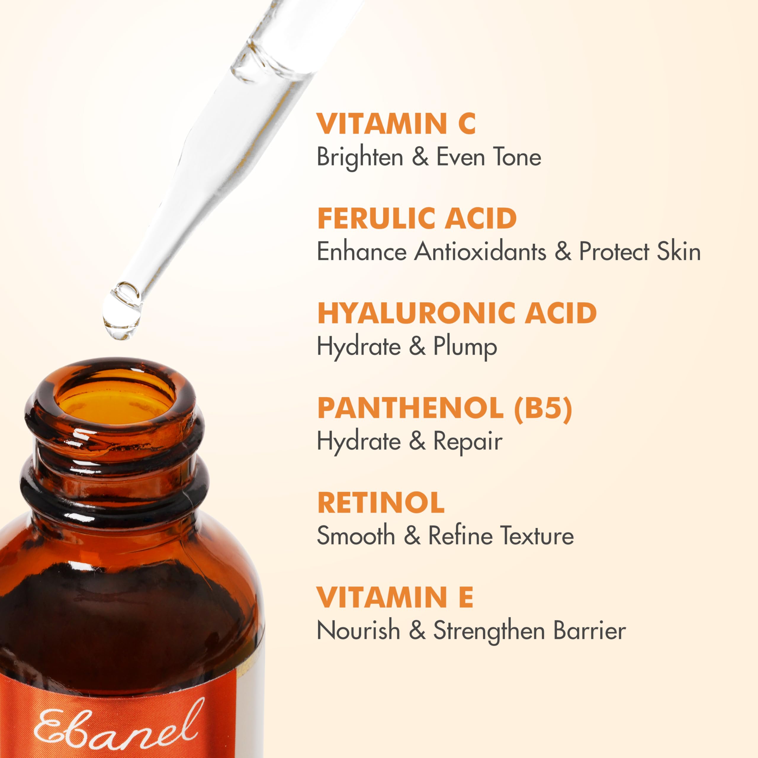 Ebanel Vitamin C Serum for Face with Ferulic Acid, Retinol, Vitamin B5 & E, Antioxidant Brightening Serum, Dark Spot Remover for