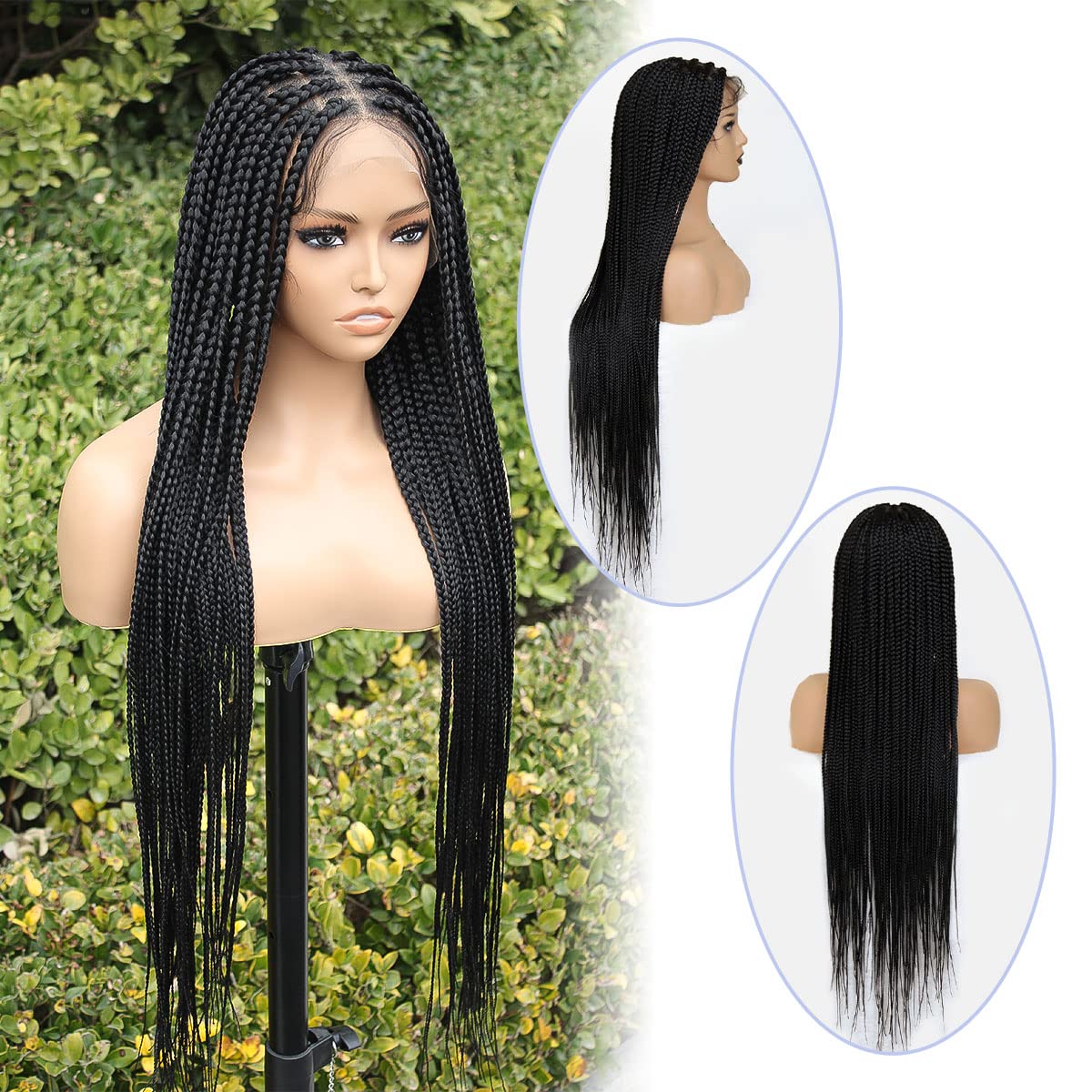KRALER 36 inch Braided Wigs for Black Women, Knotless Box Braid Wig Glueless Full Double Lace Square Based Micro Box Braids Wig