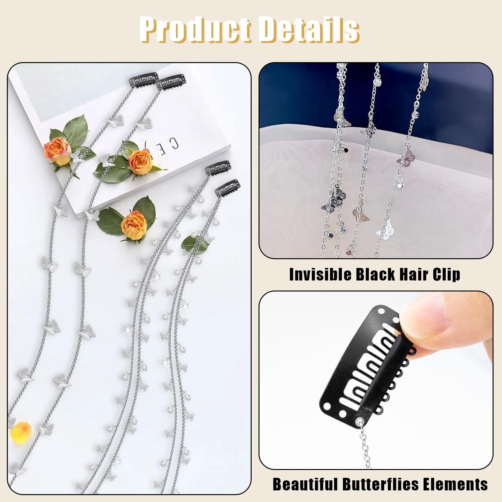 Dexspoeny 4Pcs Butterfly Tassel Hair Clips, Silver Hair Chain, Rhinestones Hair Jewelry For Braids, Tassel Hair Accessories For