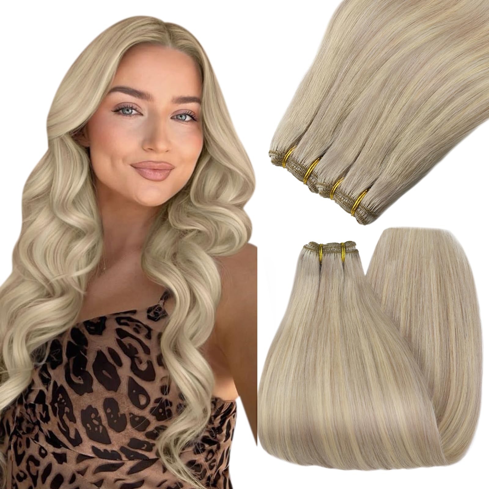 YoungSee 130G Weft Hair Extensions Blonde Highlight Sew in Extensions Warm Ash Blonde Highlights Bleach Blonde Sew in Weft Human