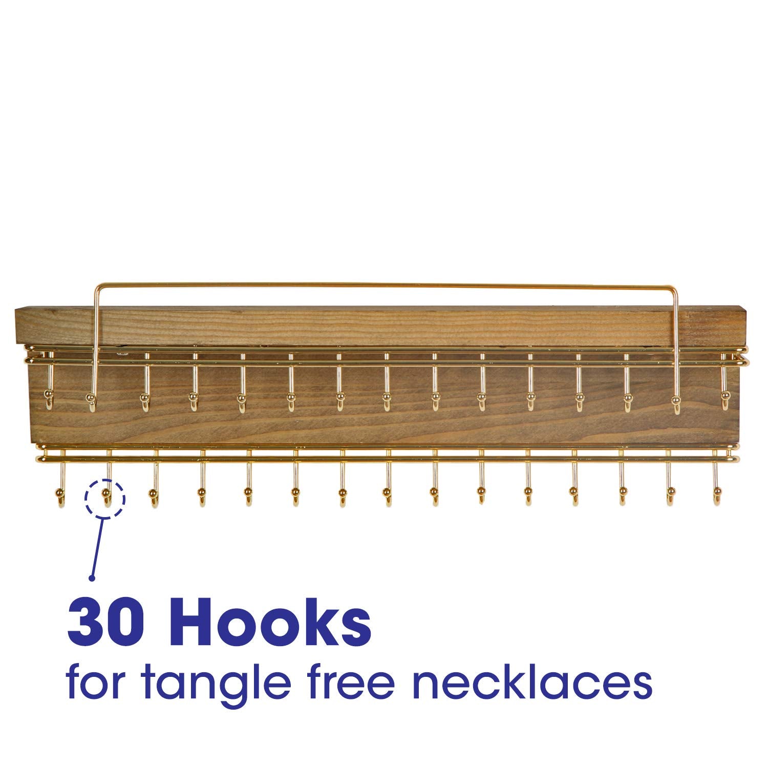 J JACKCUBE DESIGN Rustic Wood Wall Mounted Jewelry Organizer with 30 Gold Metal Hooks Display Shelf Storage for Necklaces, Brace