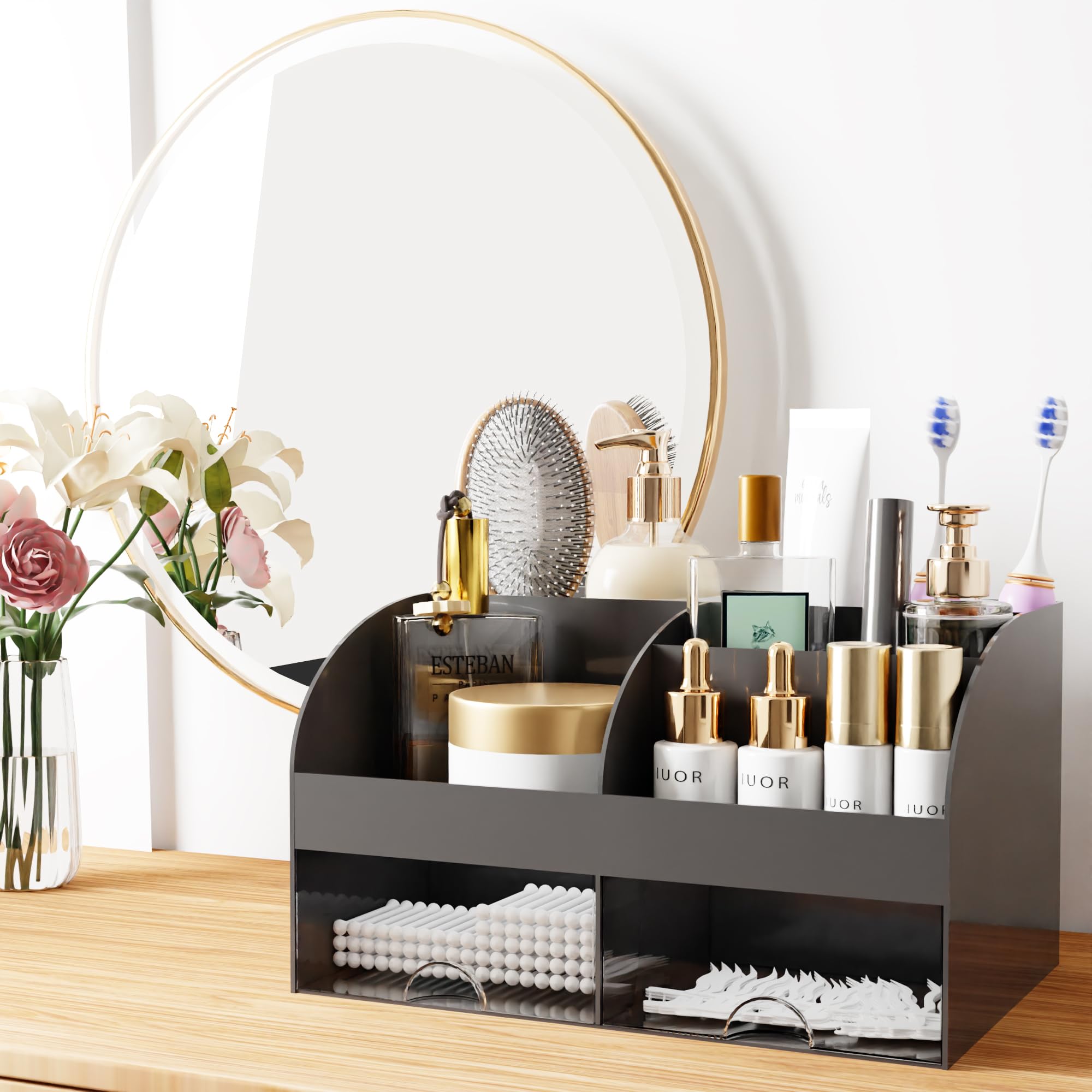 Makeup Organizer With Drawers, Cosmetic Storage For Dresser Vanity And Bathroom Countertop, Beauty Holder For Lipstick Brush, Sk