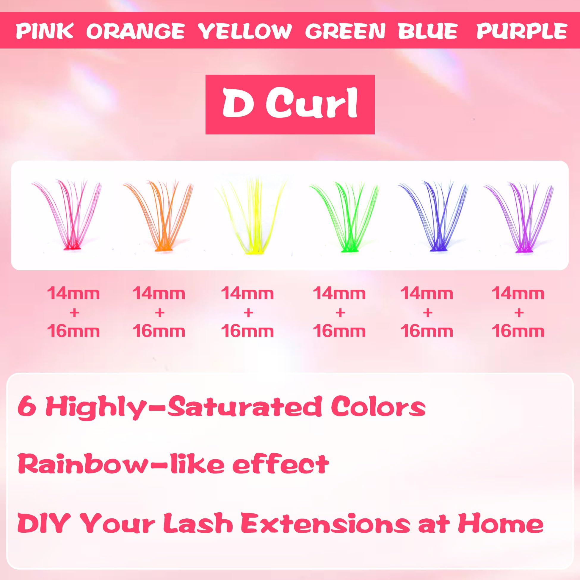Colored Lash Clusters Individual Lashes D Curl 14mm 16mm Mixed 6 Colors Rainbow DIY Eyelash Extension Colorful Cluster Lashes Pa
